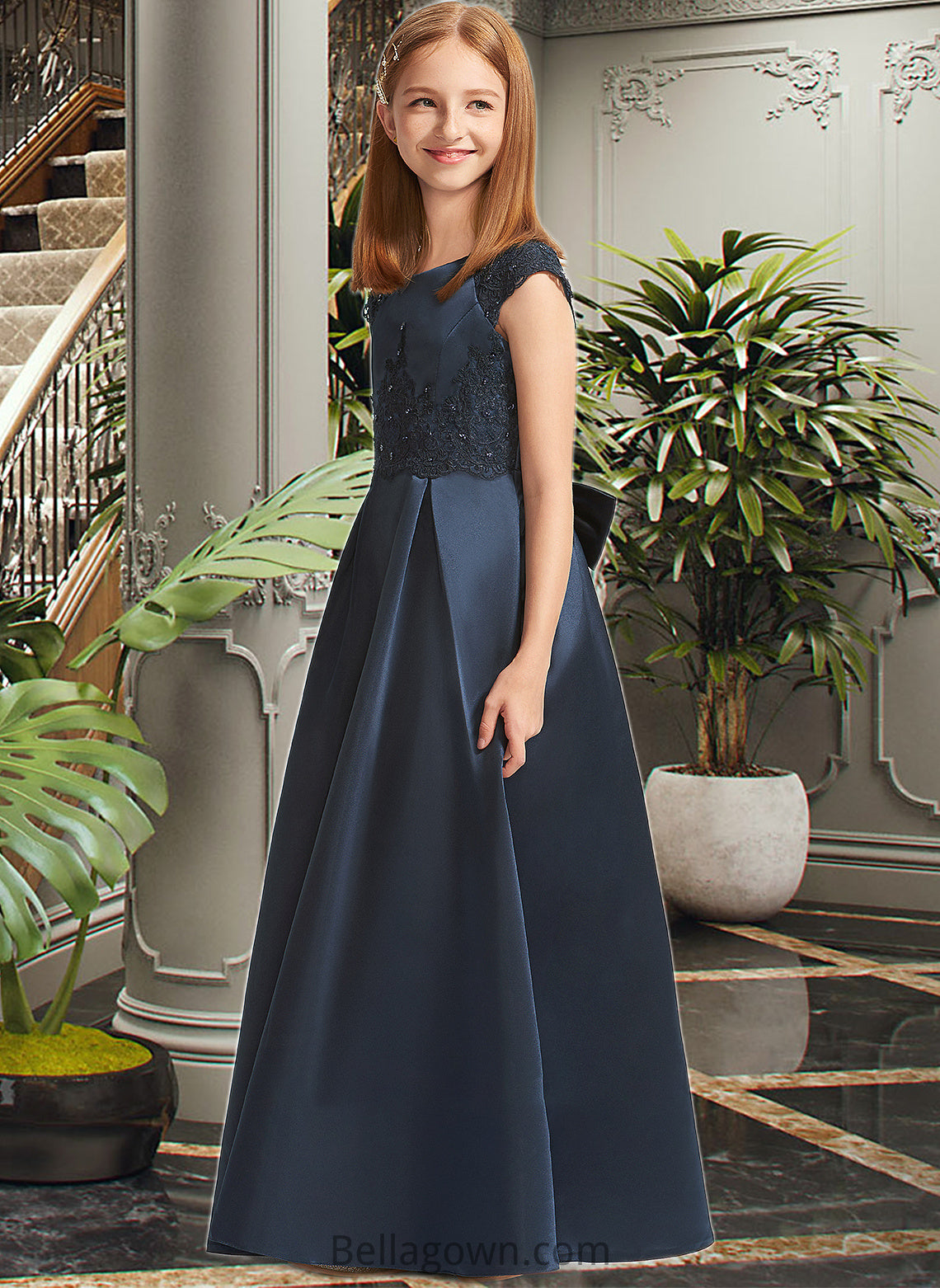 Reina A-Line Scoop Neck Floor-Length Satin Lace Junior Bridesmaid Dress With Beading Sequins Bow(s) DNP0013574