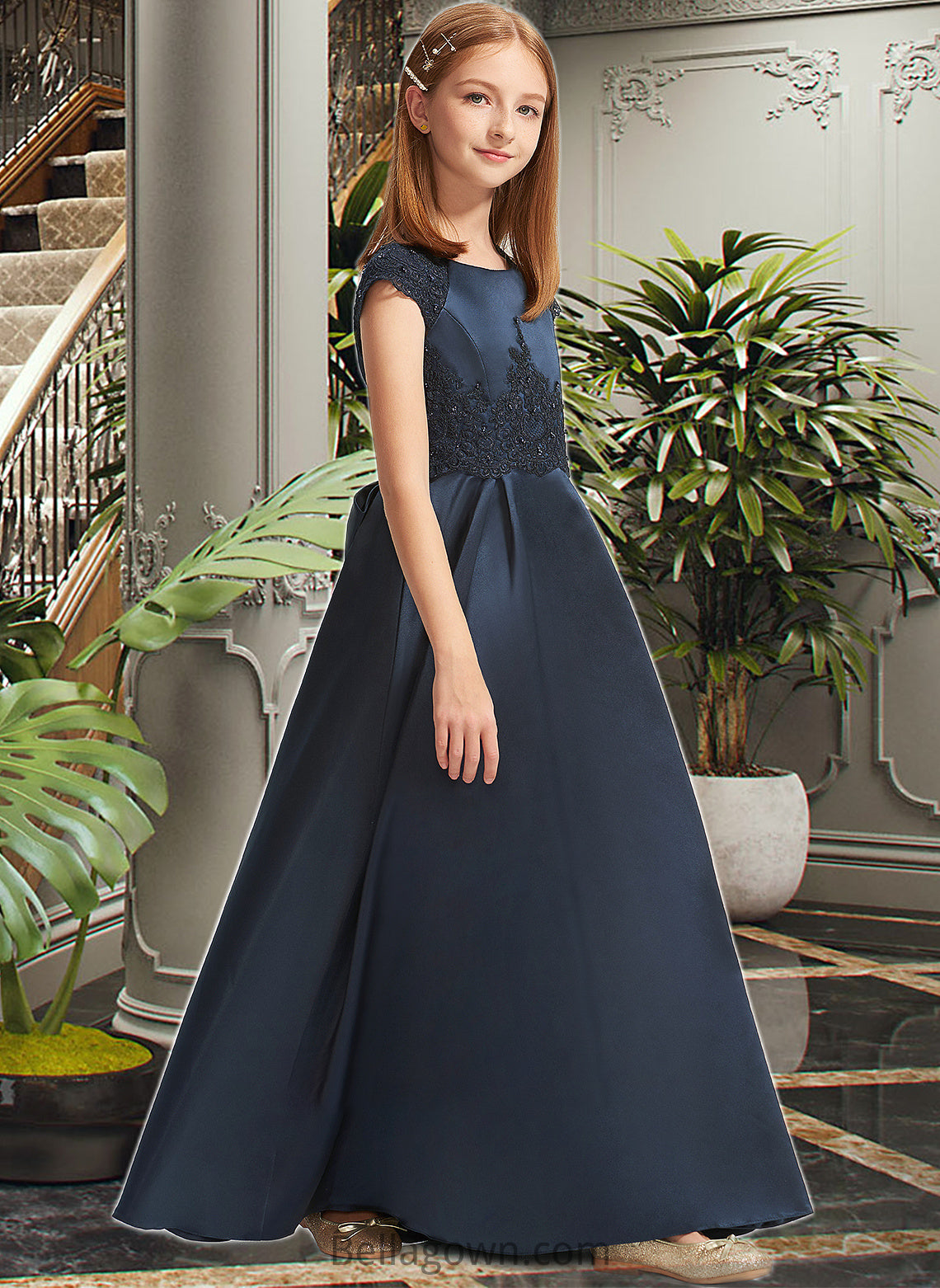 Reina A-Line Scoop Neck Floor-Length Satin Lace Junior Bridesmaid Dress With Beading Sequins Bow(s) DNP0013574