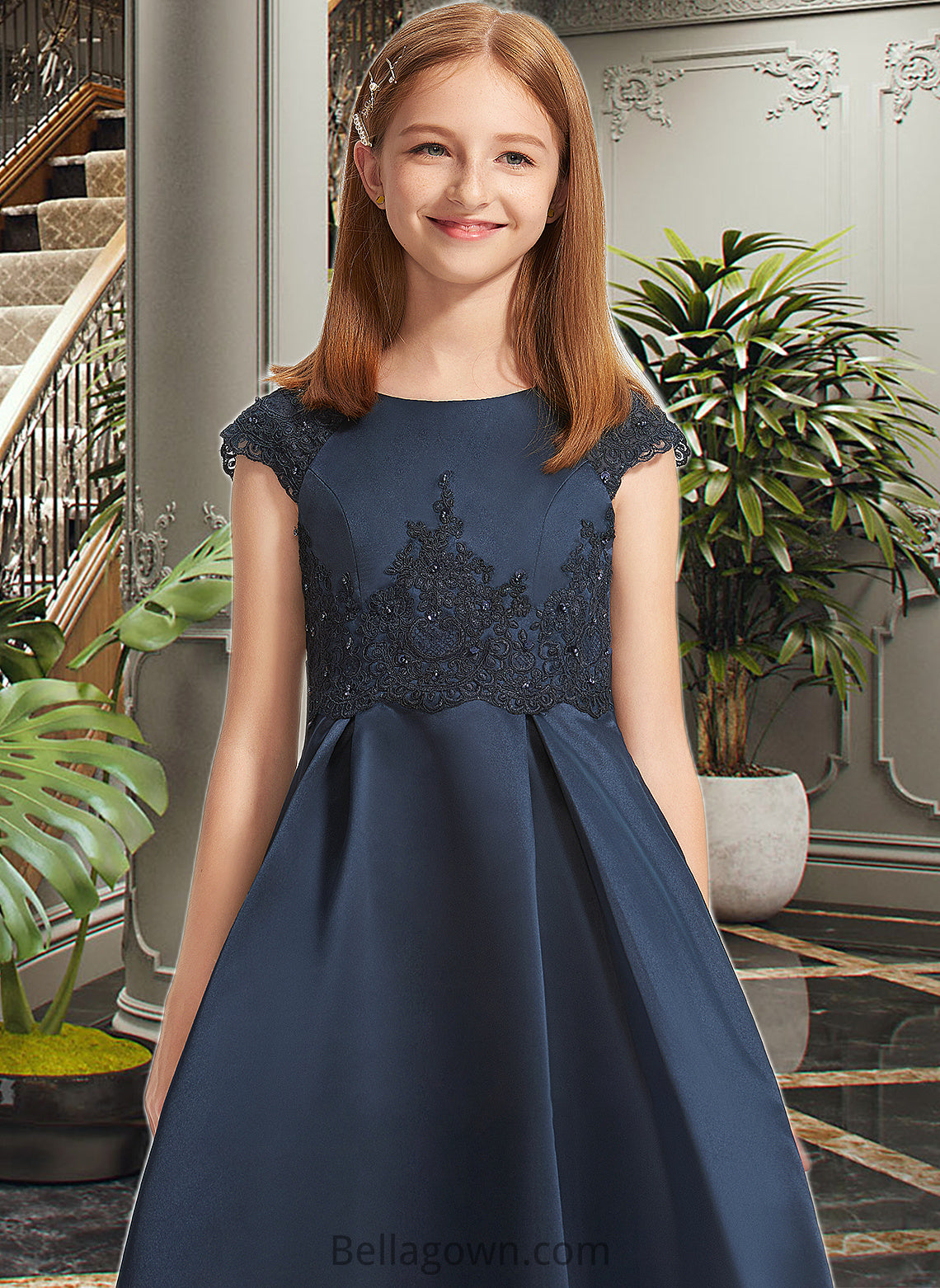 Reina A-Line Scoop Neck Floor-Length Satin Lace Junior Bridesmaid Dress With Beading Sequins Bow(s) DNP0013574