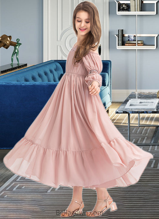 Jazmine A-Line Square Neckline Ankle-Length Chiffon Junior Bridesmaid Dress With Ruffle Lace DNP0013575