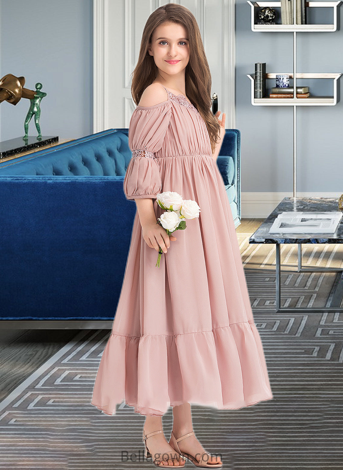 Jazmine A-Line Square Neckline Ankle-Length Chiffon Junior Bridesmaid Dress With Ruffle Lace DNP0013575