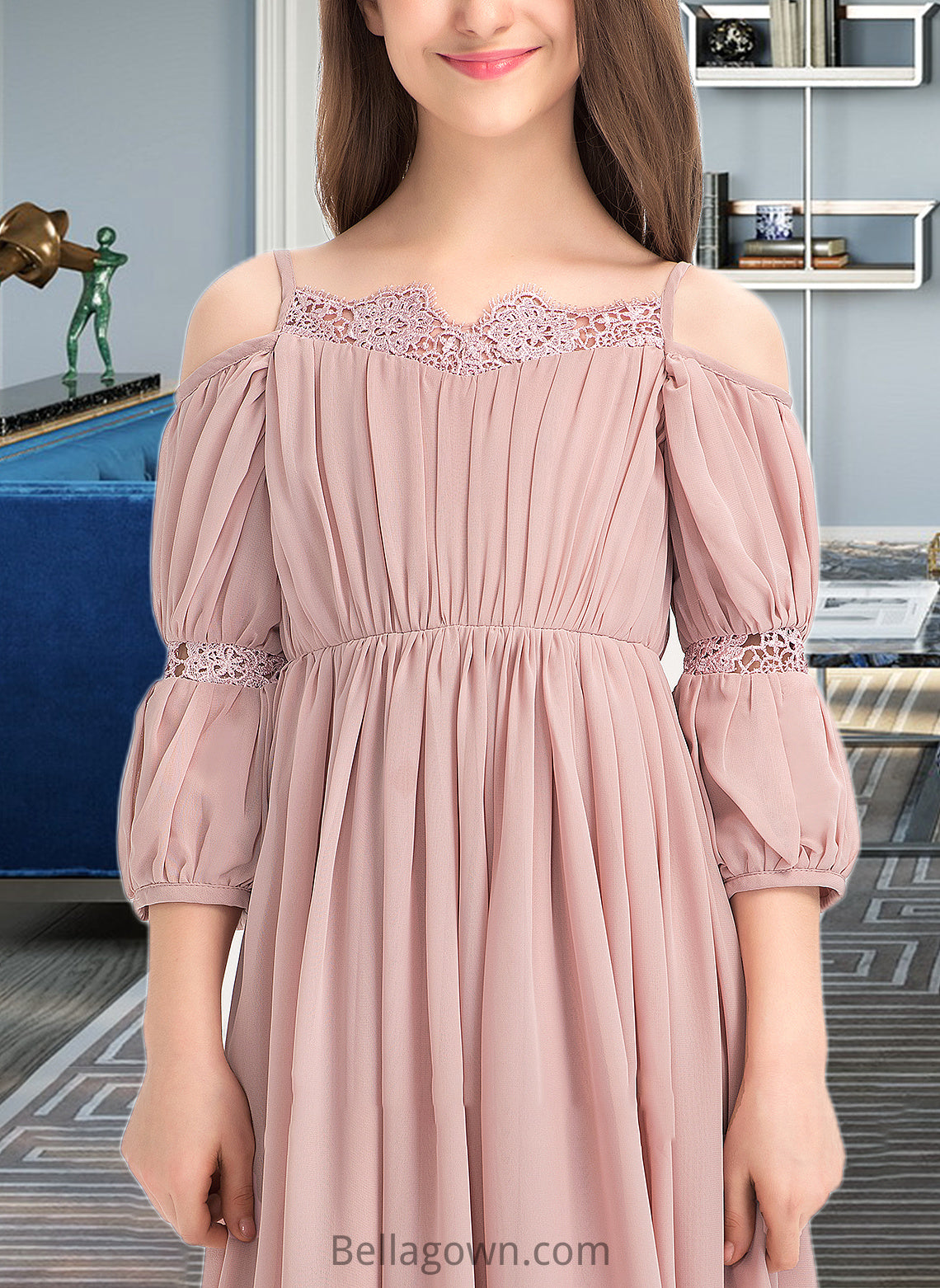 Jazmine A-Line Square Neckline Ankle-Length Chiffon Junior Bridesmaid Dress With Ruffle Lace DNP0013575