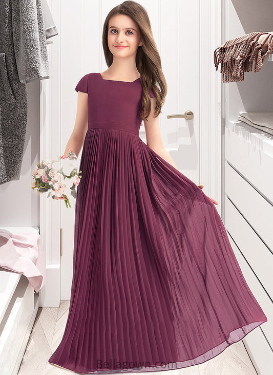 Claire A-Line Square Neckline Floor-Length Chiffon Junior Bridesmaid Dress With Lace Bow(s) Pleated DNP0013576