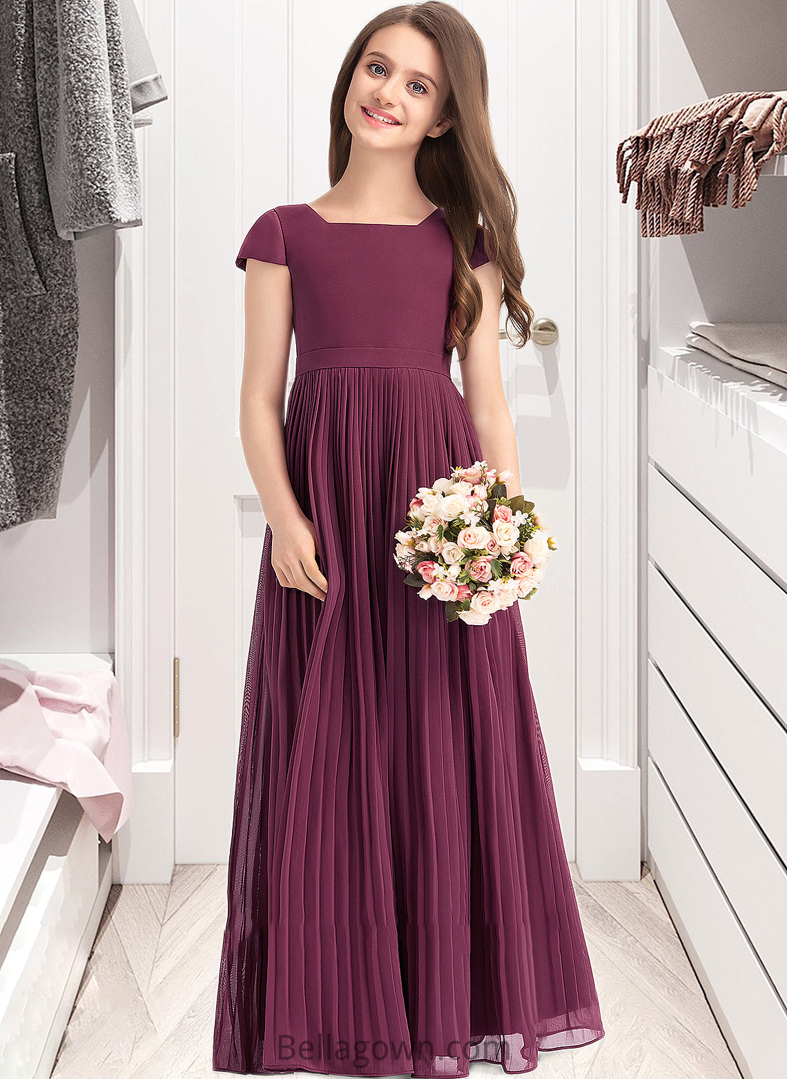 Claire A-Line Square Neckline Floor-Length Chiffon Junior Bridesmaid Dress With Lace Bow(s) Pleated DNP0013576