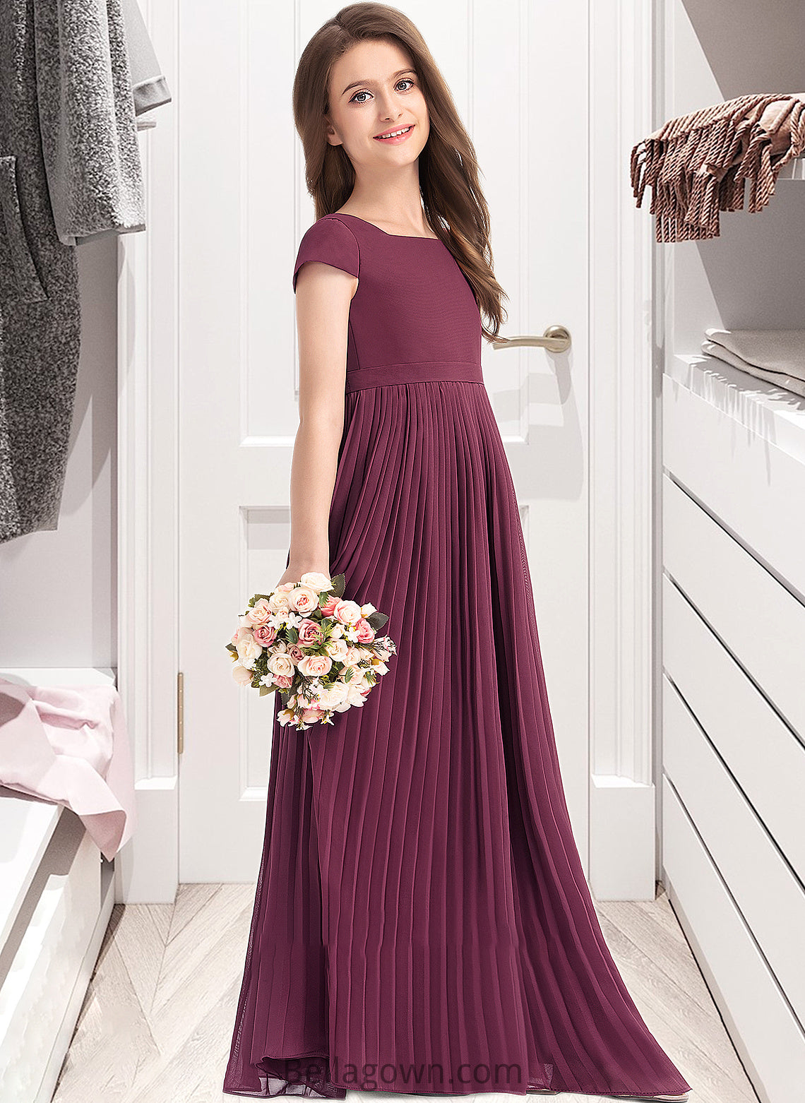 Claire A-Line Square Neckline Floor-Length Chiffon Junior Bridesmaid Dress With Lace Bow(s) Pleated DNP0013576