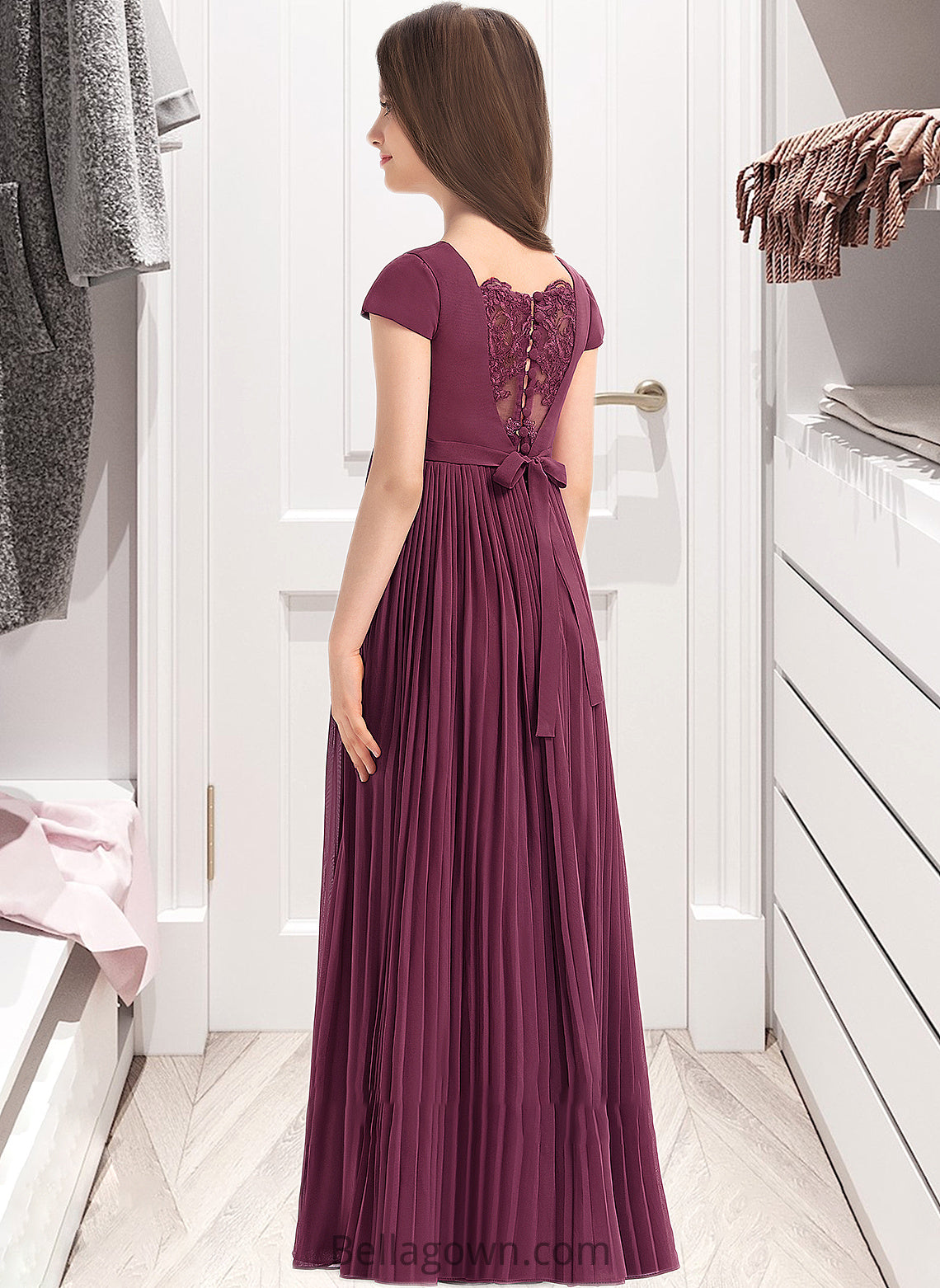 Claire A-Line Square Neckline Floor-Length Chiffon Junior Bridesmaid Dress With Lace Bow(s) Pleated DNP0013576