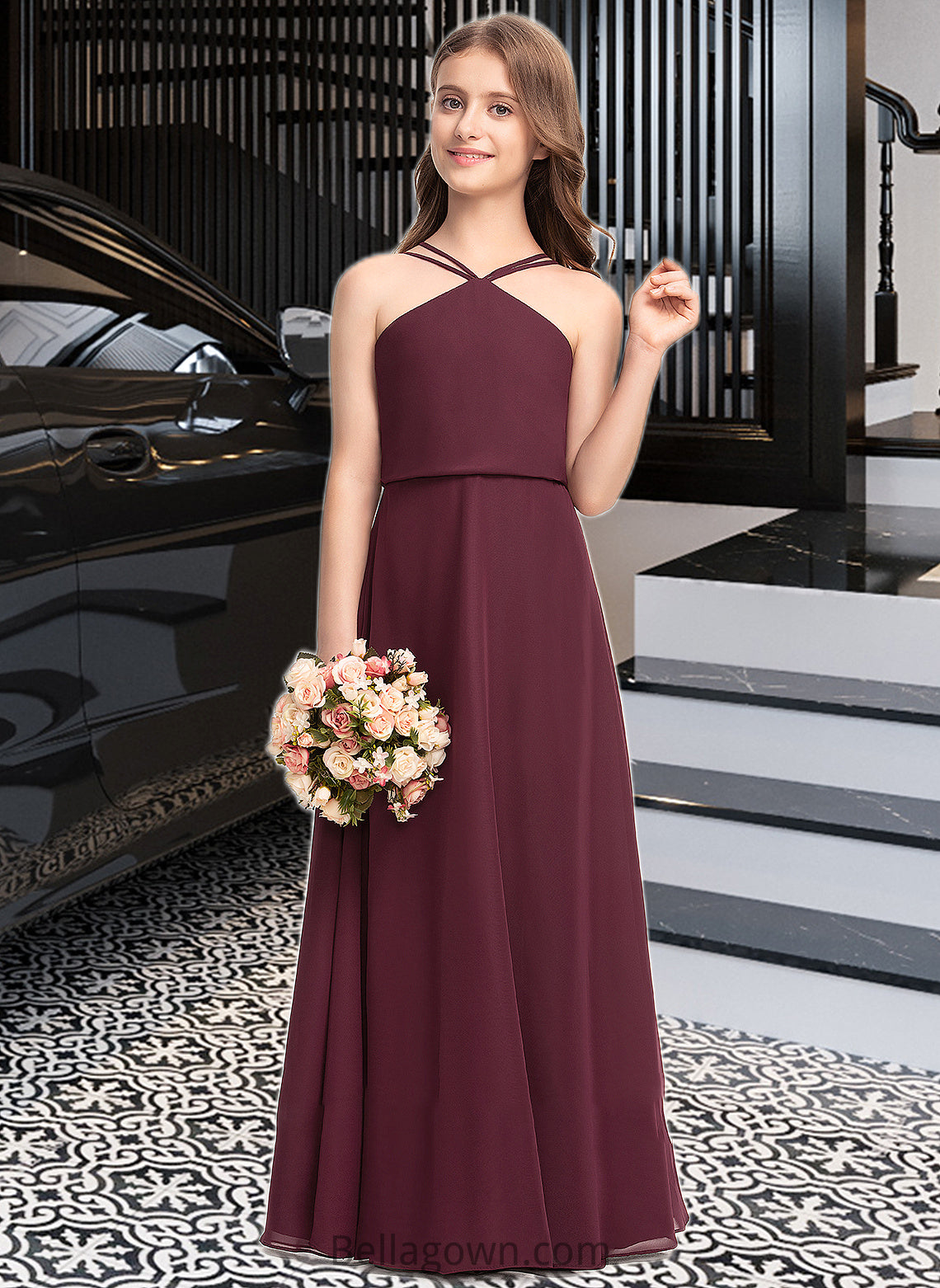 Muriel A-Line V-neck Floor-Length Chiffon Junior Bridesmaid Dress DNP0013577