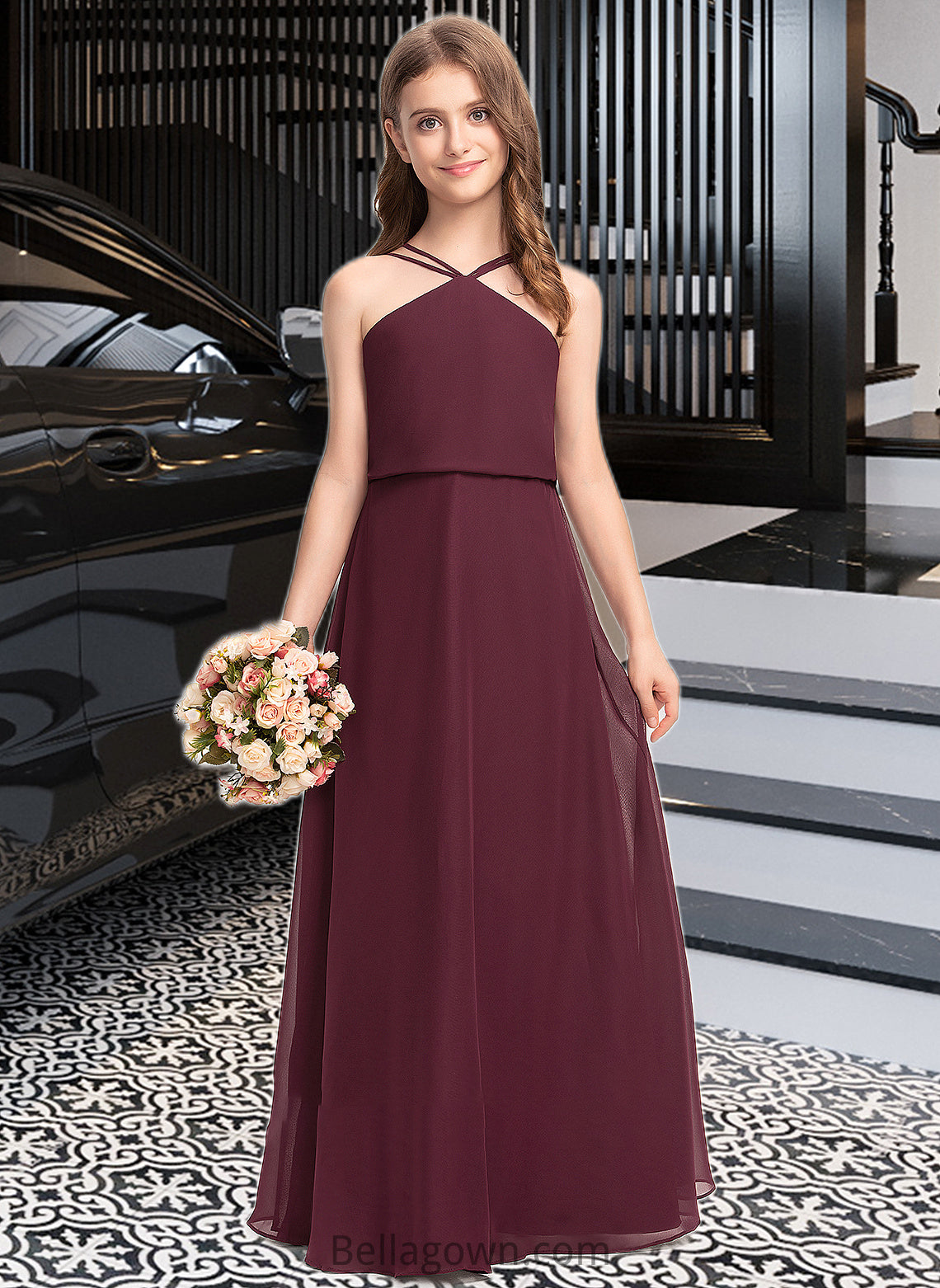 Muriel A-Line V-neck Floor-Length Chiffon Junior Bridesmaid Dress DNP0013577