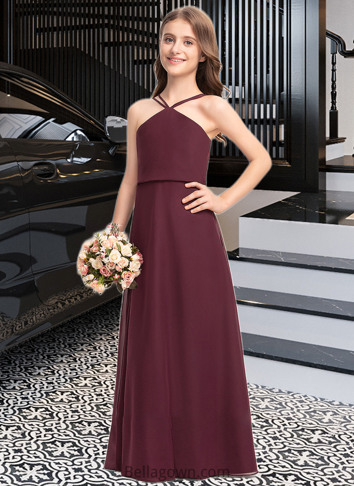 Muriel A-Line V-neck Floor-Length Chiffon Junior Bridesmaid Dress DNP0013577