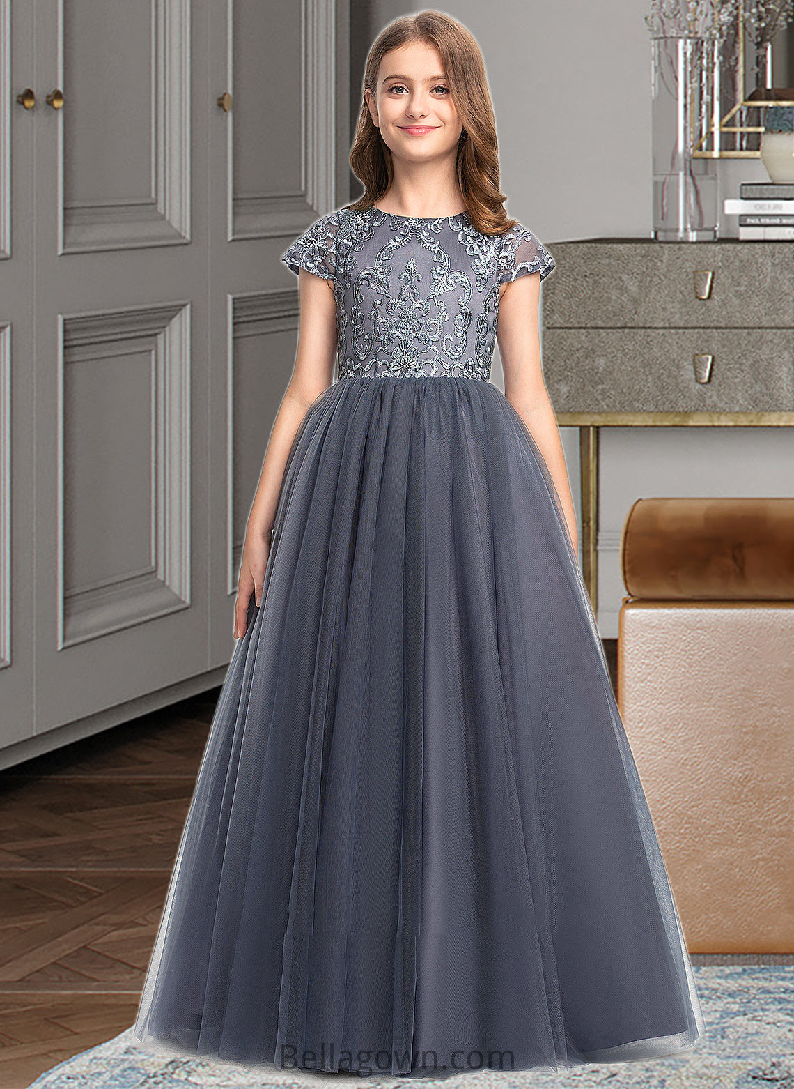 Saige Ball-Gown/Princess Scoop Neck Floor-Length Tulle Lace Junior Bridesmaid Dress DNP0013578