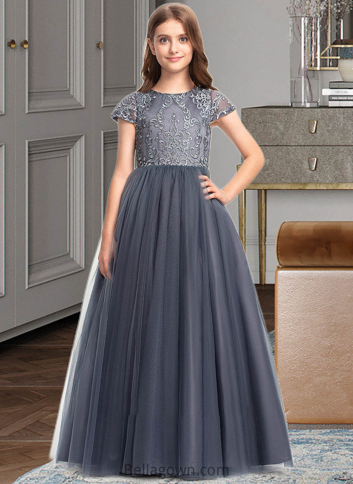 Saige Ball-Gown/Princess Scoop Neck Floor-Length Tulle Lace Junior Bridesmaid Dress DNP0013578