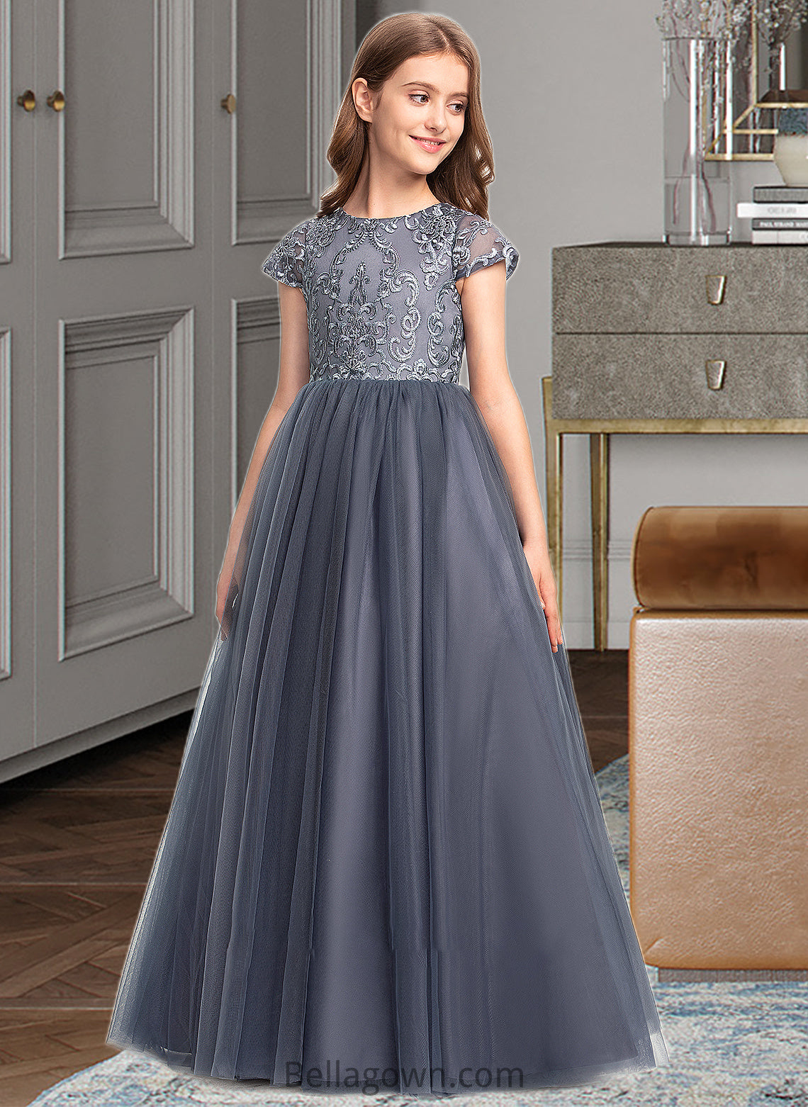 Saige Ball-Gown/Princess Scoop Neck Floor-Length Tulle Lace Junior Bridesmaid Dress DNP0013578