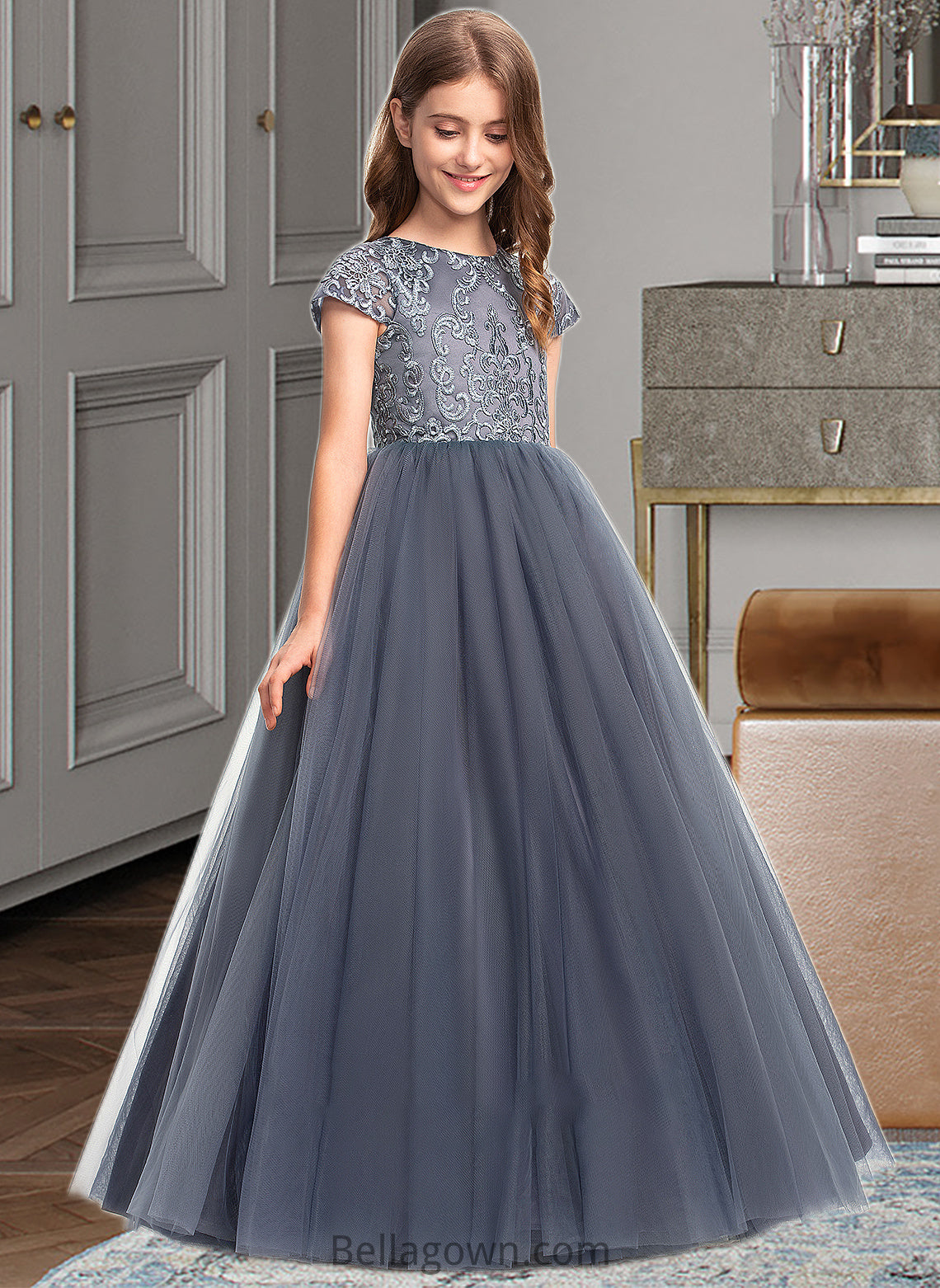 Saige Ball-Gown/Princess Scoop Neck Floor-Length Tulle Lace Junior Bridesmaid Dress DNP0013578