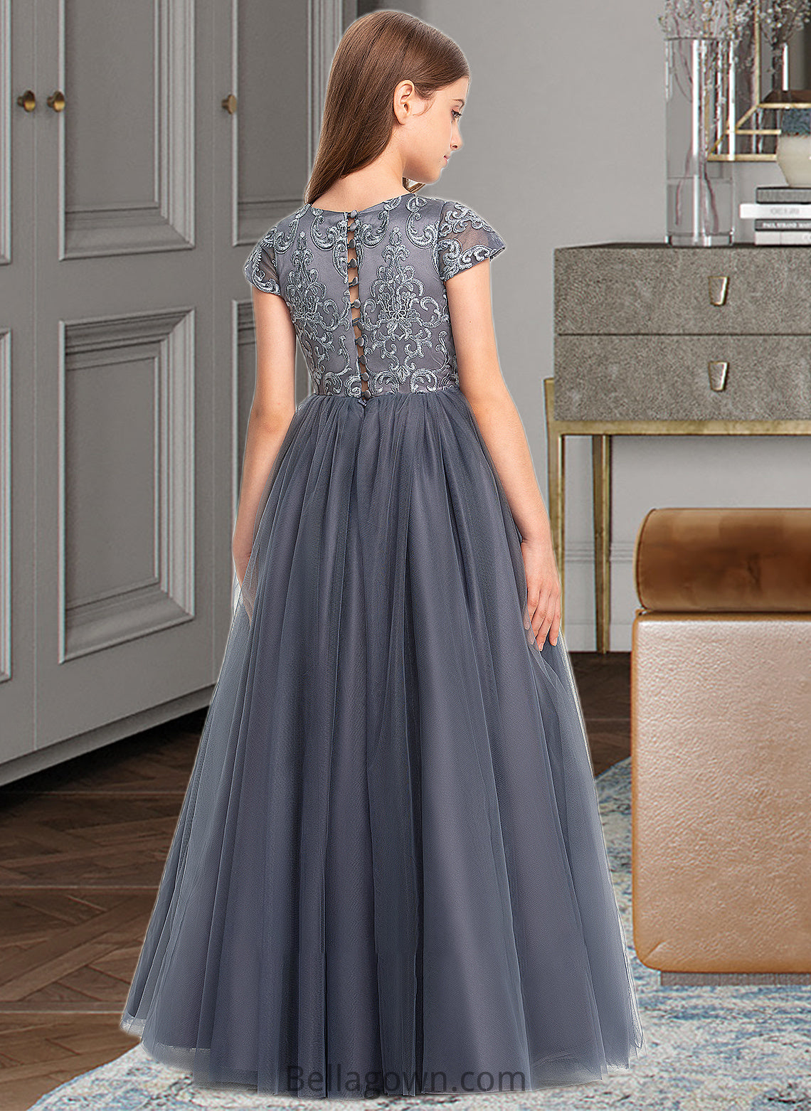 Saige Ball-Gown/Princess Scoop Neck Floor-Length Tulle Lace Junior Bridesmaid Dress DNP0013578