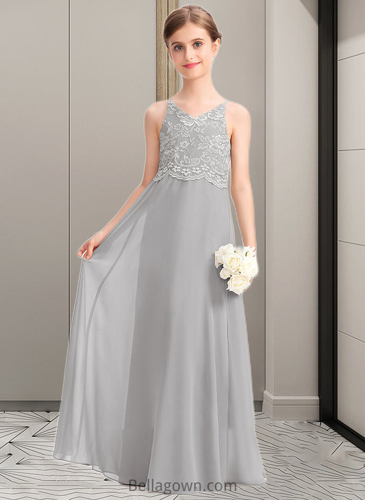 Kelsey A-Line V-neck Floor-Length Chiffon Lace Junior Bridesmaid Dress DNP0013579