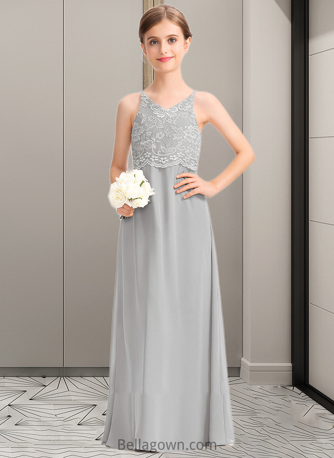 Kelsey A-Line V-neck Floor-Length Chiffon Lace Junior Bridesmaid Dress DNP0013579