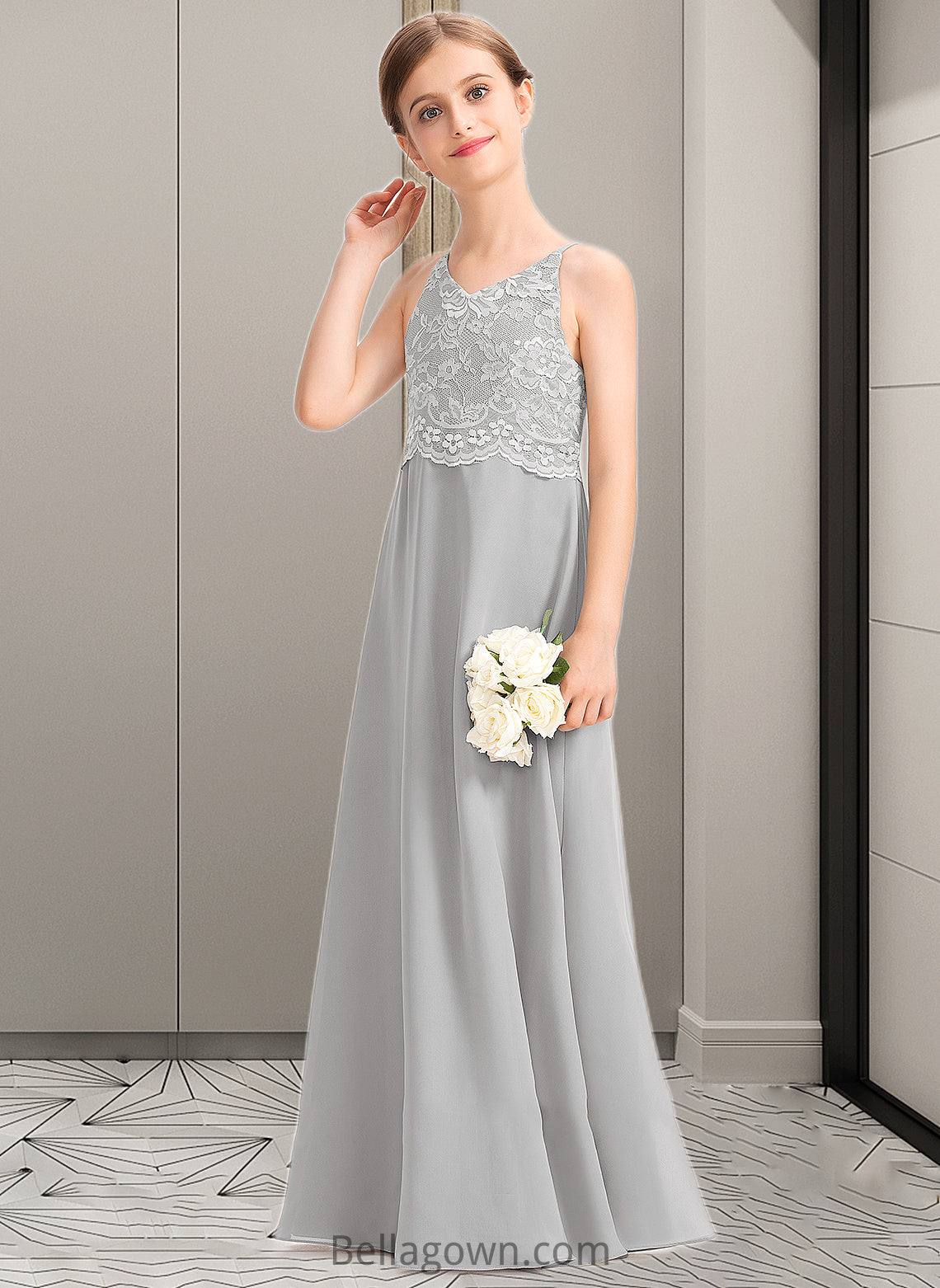 Kelsey A-Line V-neck Floor-Length Chiffon Lace Junior Bridesmaid Dress DNP0013579