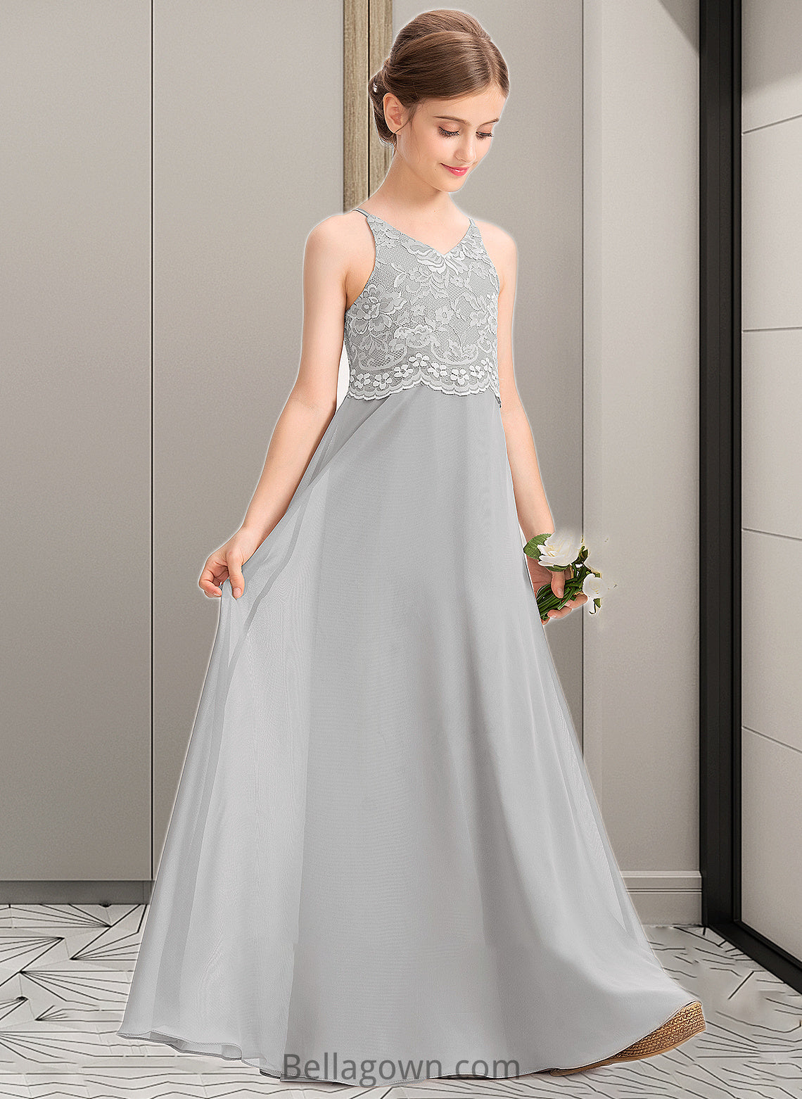 Kelsey A-Line V-neck Floor-Length Chiffon Lace Junior Bridesmaid Dress DNP0013579