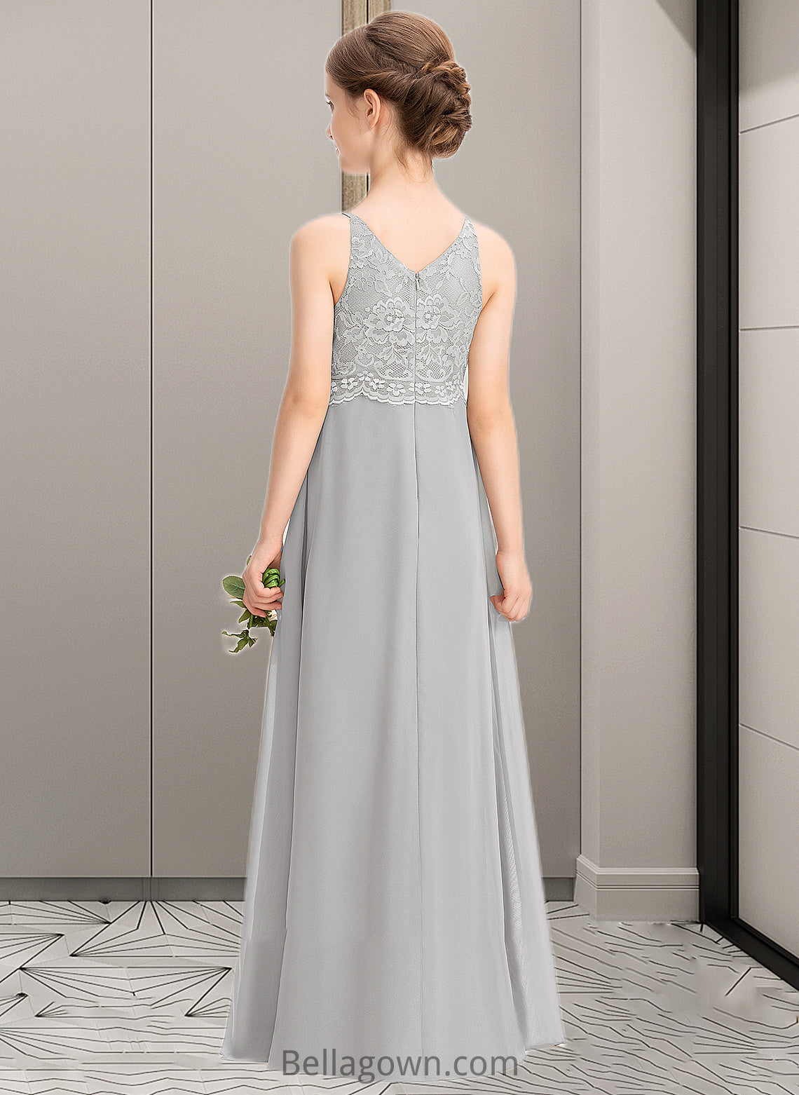 Kelsey A-Line V-neck Floor-Length Chiffon Lace Junior Bridesmaid Dress DNP0013579