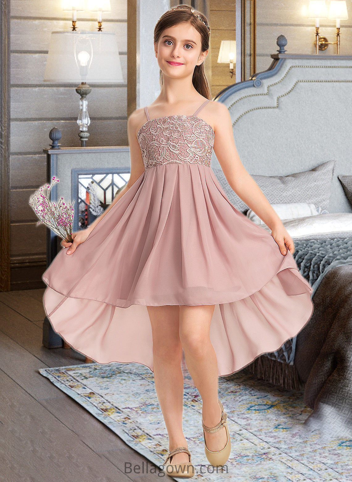 Brenda A-Line Square Neckline Asymmetrical Chiffon Lace Junior Bridesmaid Dress DNP0013580