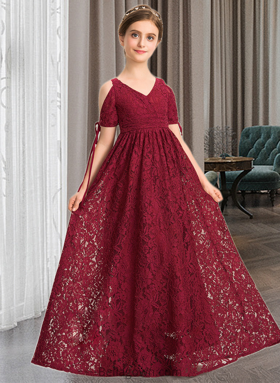 Rubi A-Line V-neck Floor-Length Lace Junior Bridesmaid Dress With Ruffle Bow(s) DNP0013581