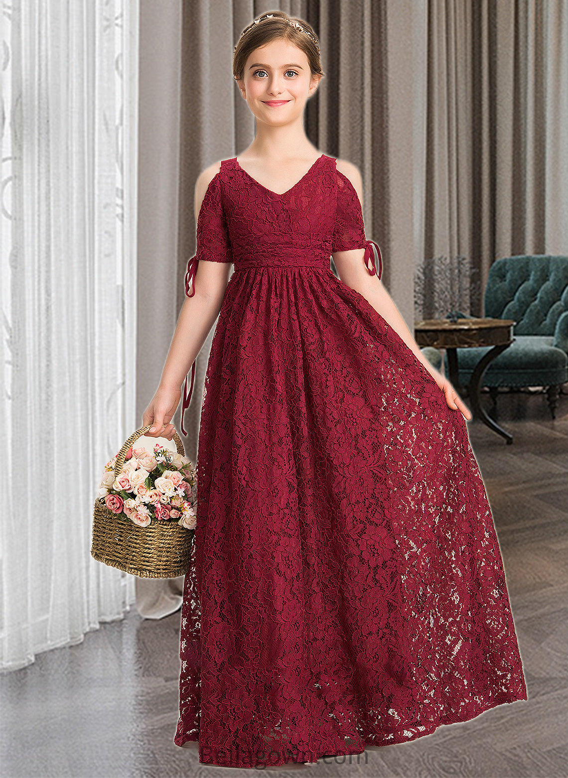 Rubi A-Line V-neck Floor-Length Lace Junior Bridesmaid Dress With Ruffle Bow(s) DNP0013581