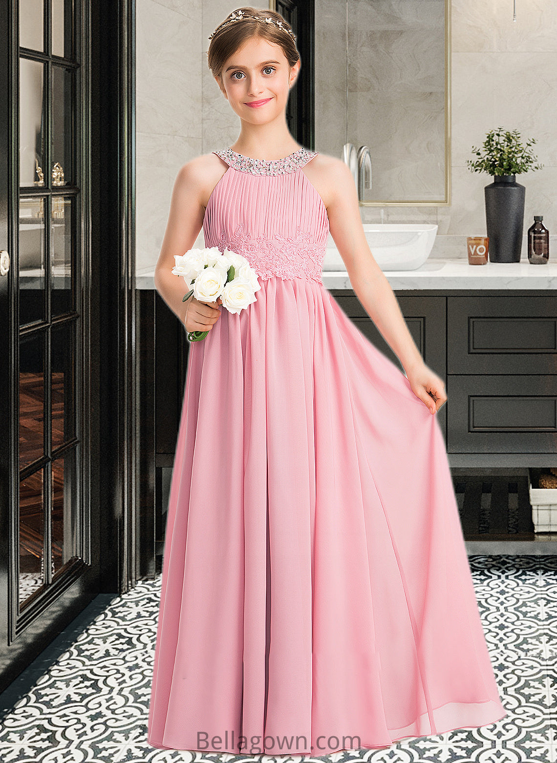 Quintina A-Line Scoop Neck Floor-Length Chiffon Lace Junior Bridesmaid Dress With Ruffle Beading Sequins DNP0013582