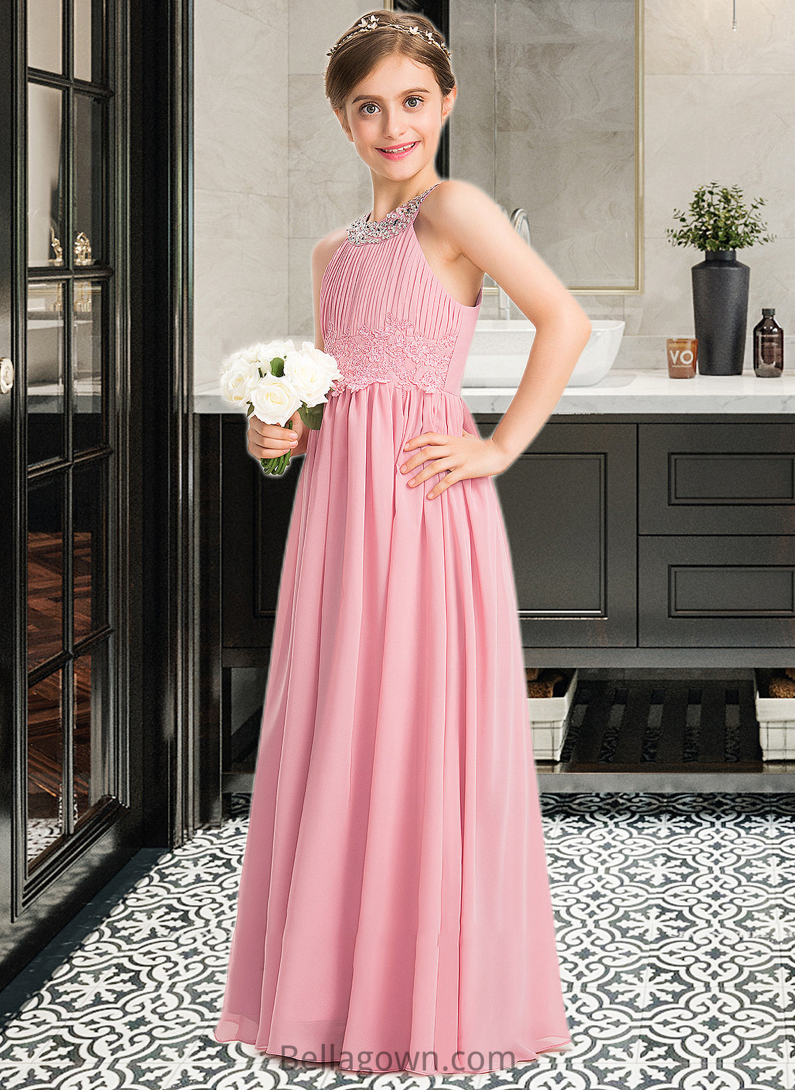 Quintina A-Line Scoop Neck Floor-Length Chiffon Lace Junior Bridesmaid Dress With Ruffle Beading Sequins DNP0013582