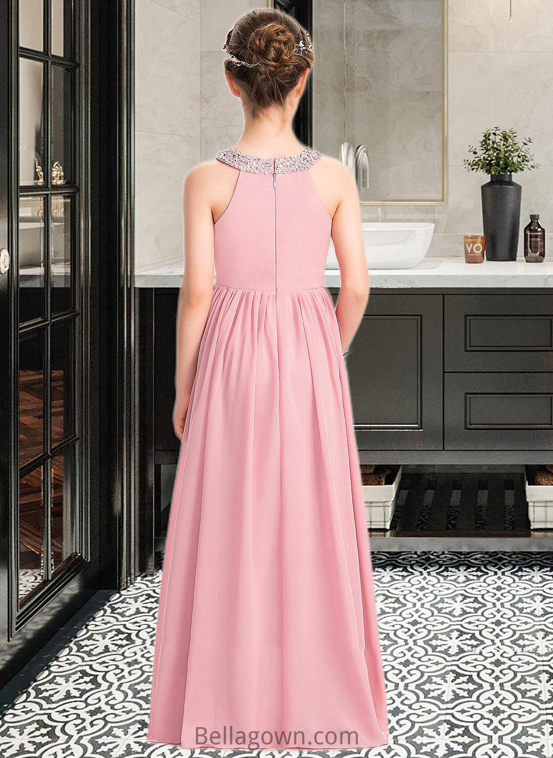 Quintina A-Line Scoop Neck Floor-Length Chiffon Lace Junior Bridesmaid Dress With Ruffle Beading Sequins DNP0013582