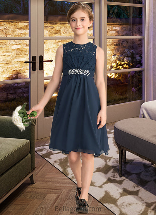 Sibyl A-Line Scoop Neck Knee-Length Chiffon Lace Junior Bridesmaid Dress With Beading Sequins Bow(s) DNP0013583