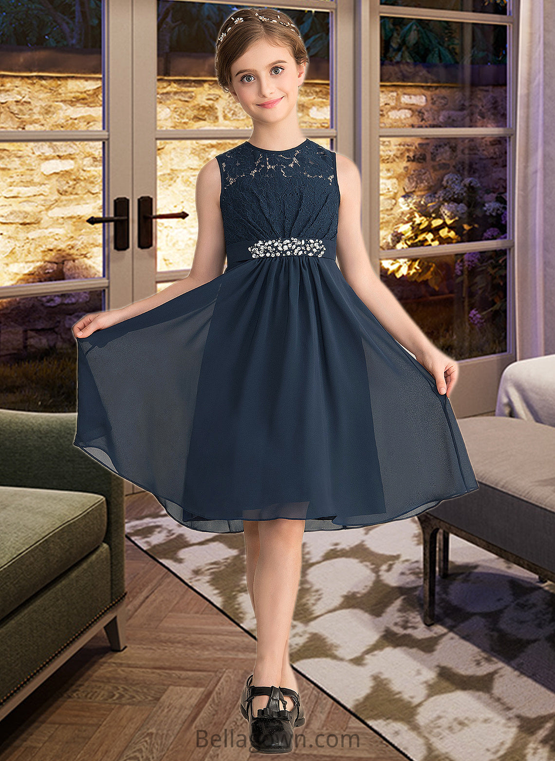 Sibyl A-Line Scoop Neck Knee-Length Chiffon Lace Junior Bridesmaid Dress With Beading Sequins Bow(s) DNP0013583