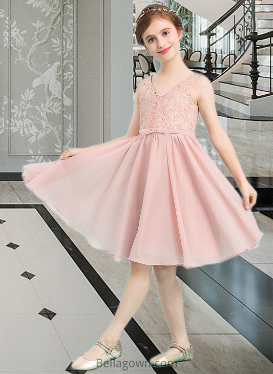 Shea A-Line V-neck Knee-Length Chiffon Junior Bridesmaid Dress With Bow(s) DNP0013586