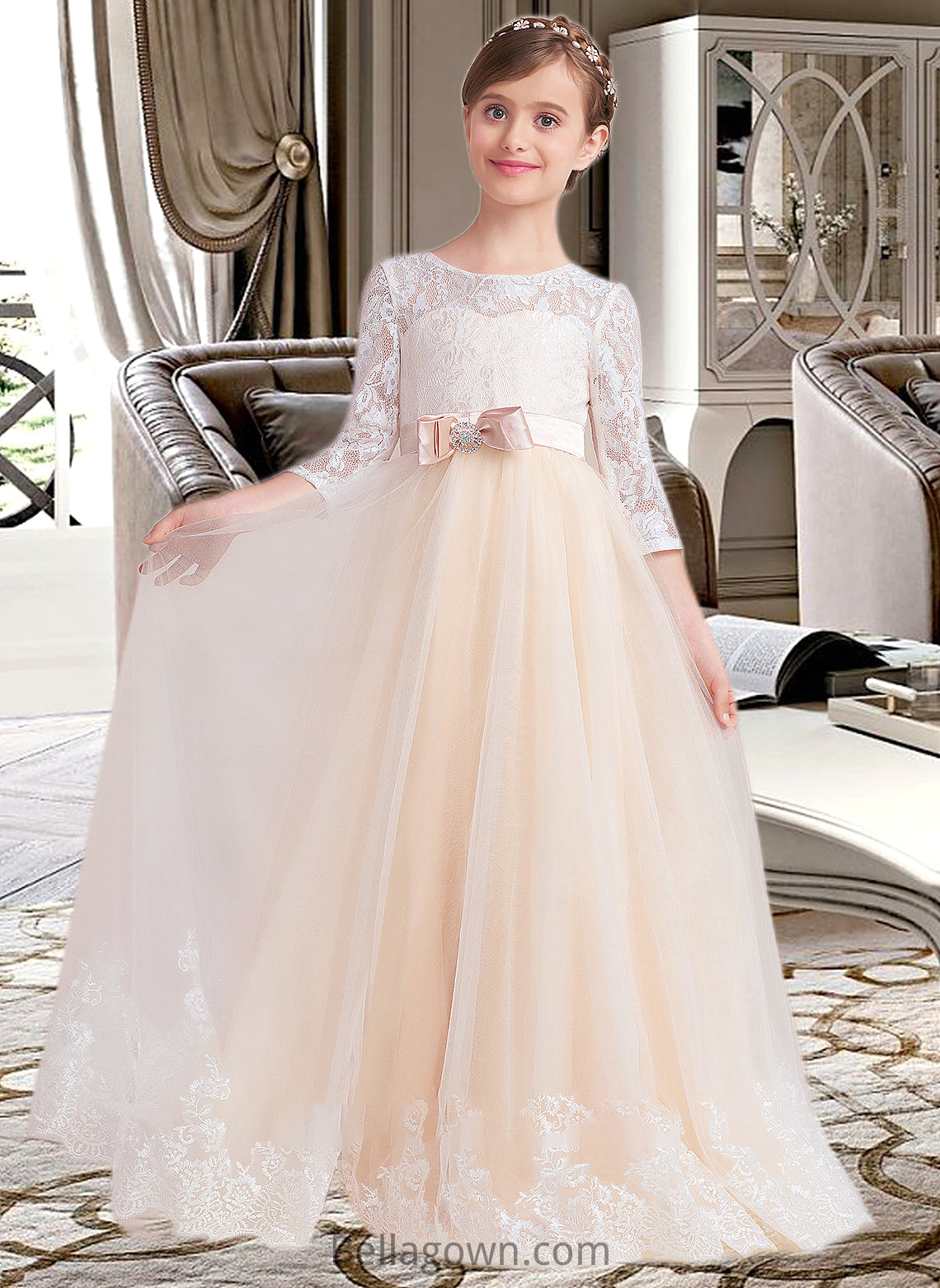 Winnie Ball-Gown/Princess Scoop Neck Floor-Length Tulle Lace Junior Bridesmaid Dress With Sash Beading Bow(s) DNP0013589