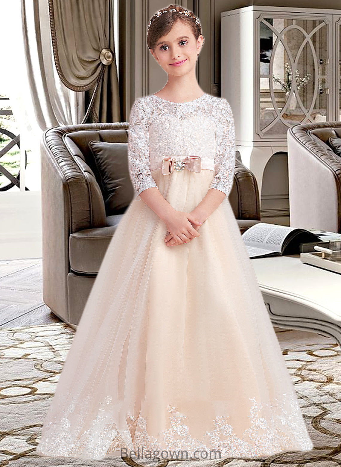 Winnie Ball-Gown/Princess Scoop Neck Floor-Length Tulle Lace Junior Bridesmaid Dress With Sash Beading Bow(s) DNP0013589