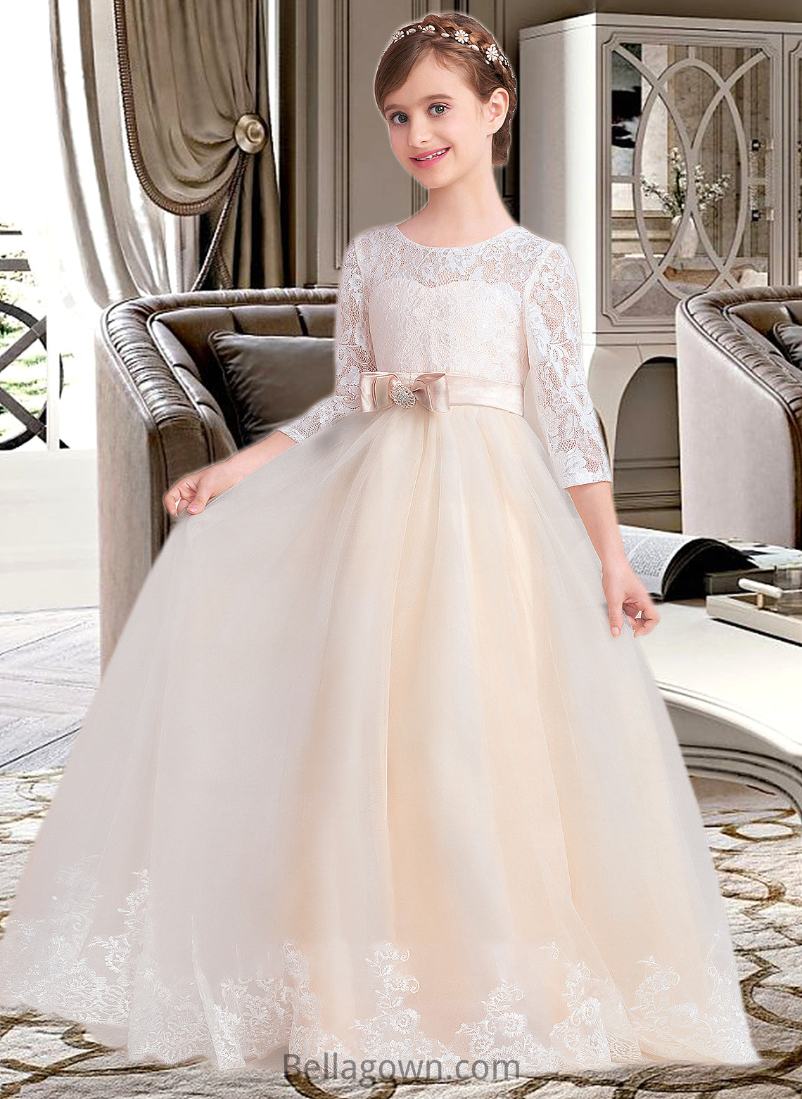 Winnie Ball-Gown/Princess Scoop Neck Floor-Length Tulle Lace Junior Bridesmaid Dress With Sash Beading Bow(s) DNP0013589