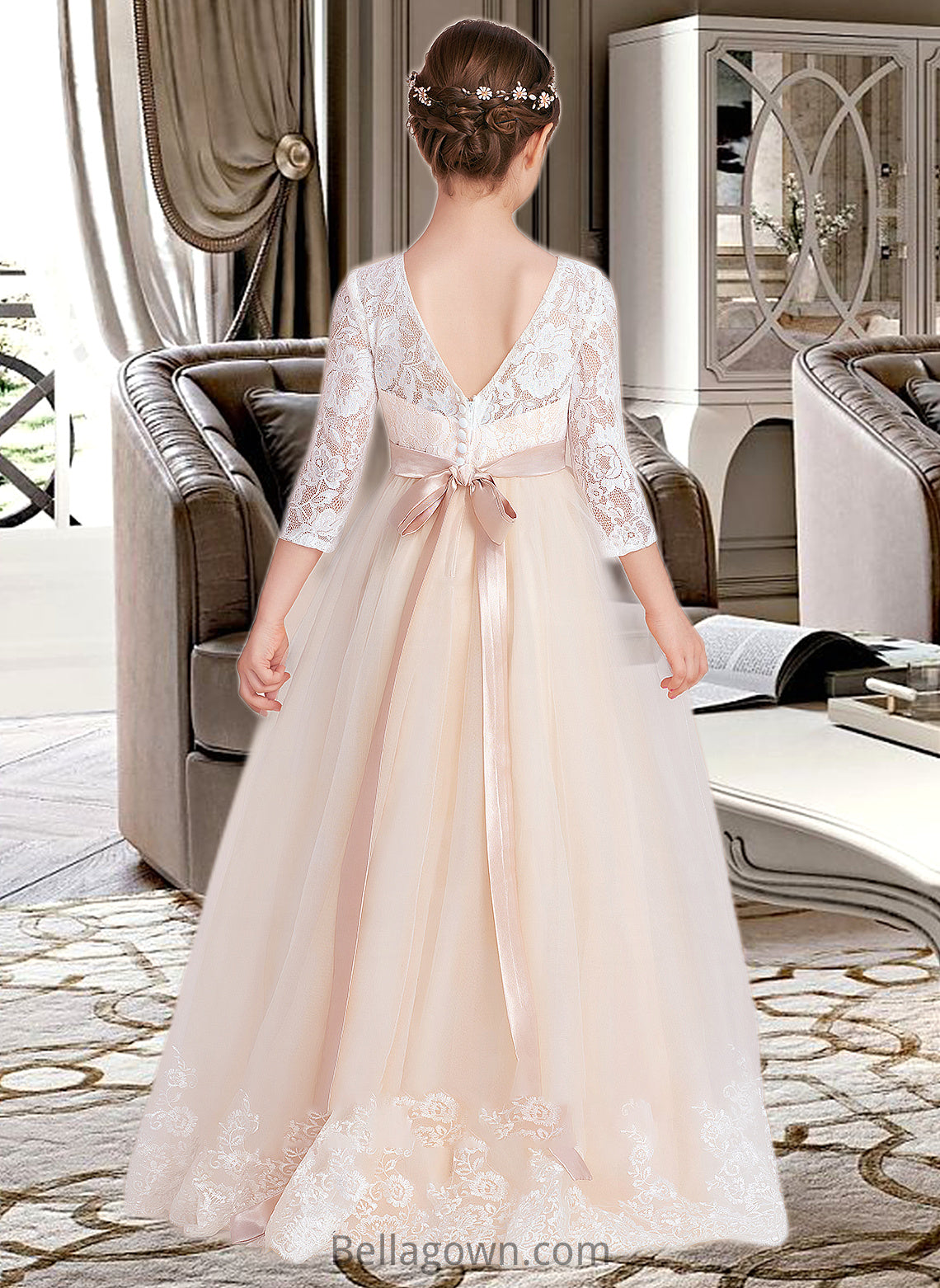 Winnie Ball-Gown/Princess Scoop Neck Floor-Length Tulle Lace Junior Bridesmaid Dress With Sash Beading Bow(s) DNP0013589