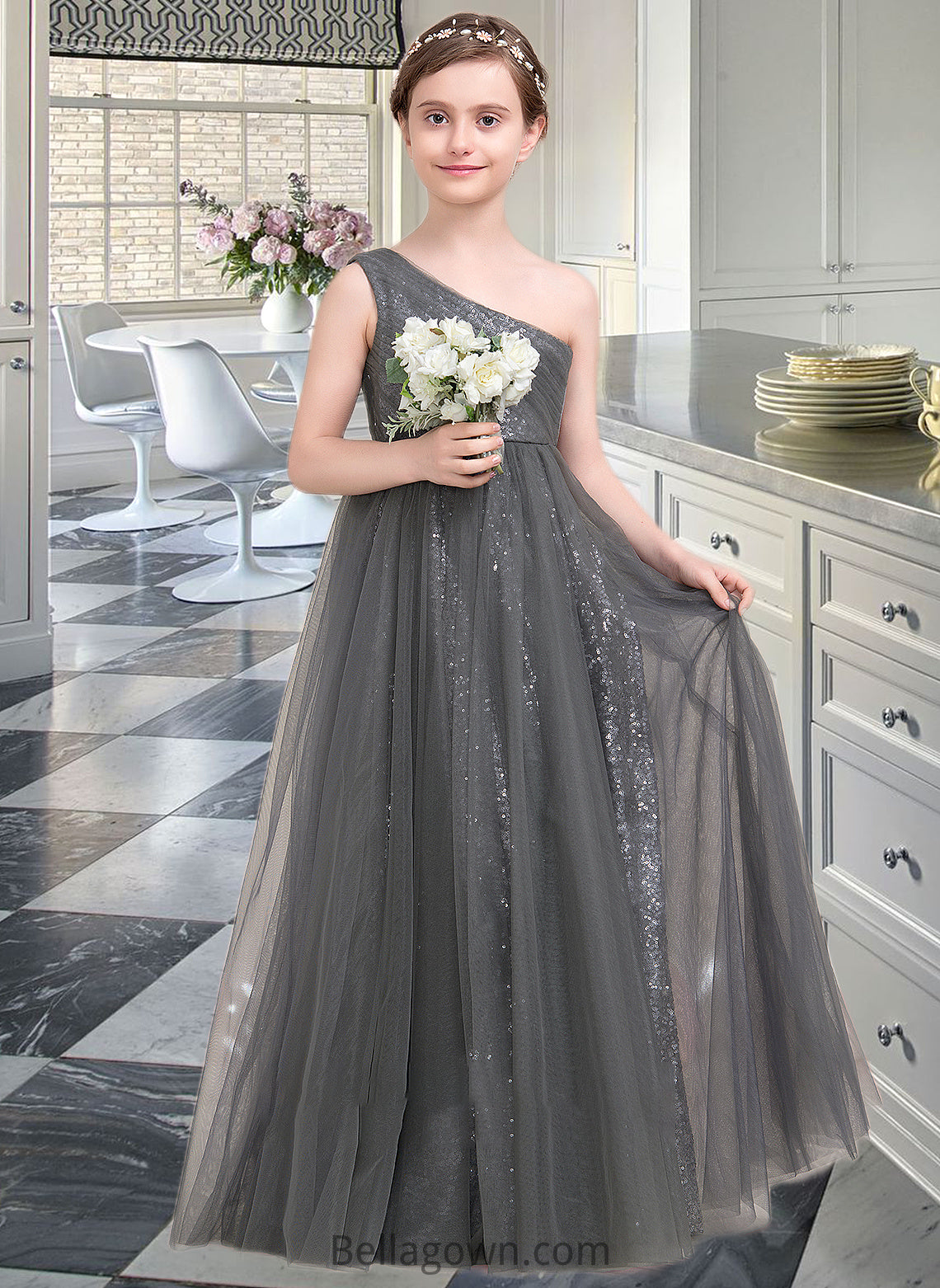 Lilianna A-Line One-Shoulder Floor-Length Tulle Sequined Junior Bridesmaid Dress With Ruffle DNP0013592