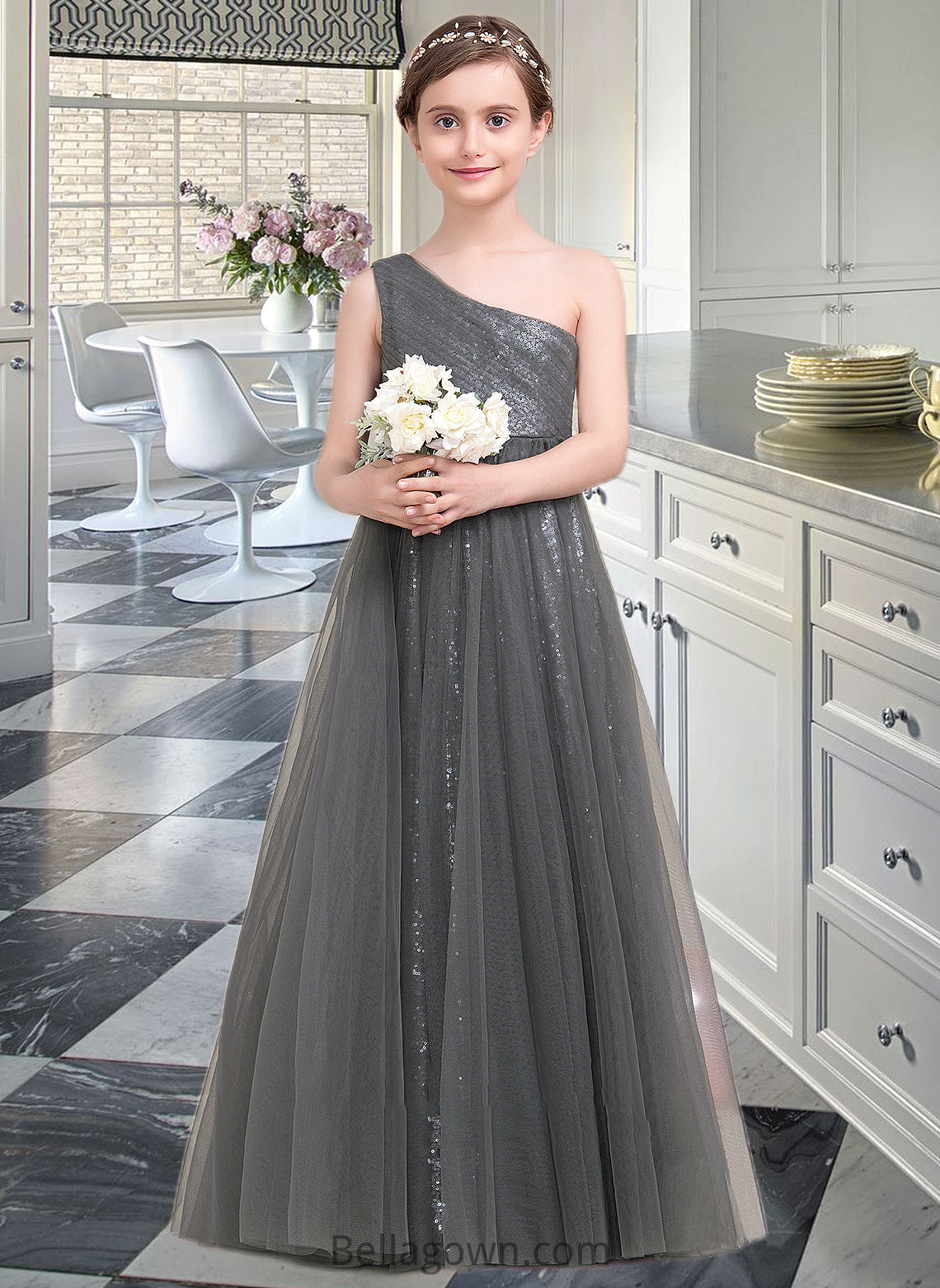 Lilianna A-Line One-Shoulder Floor-Length Tulle Sequined Junior Bridesmaid Dress With Ruffle DNP0013592