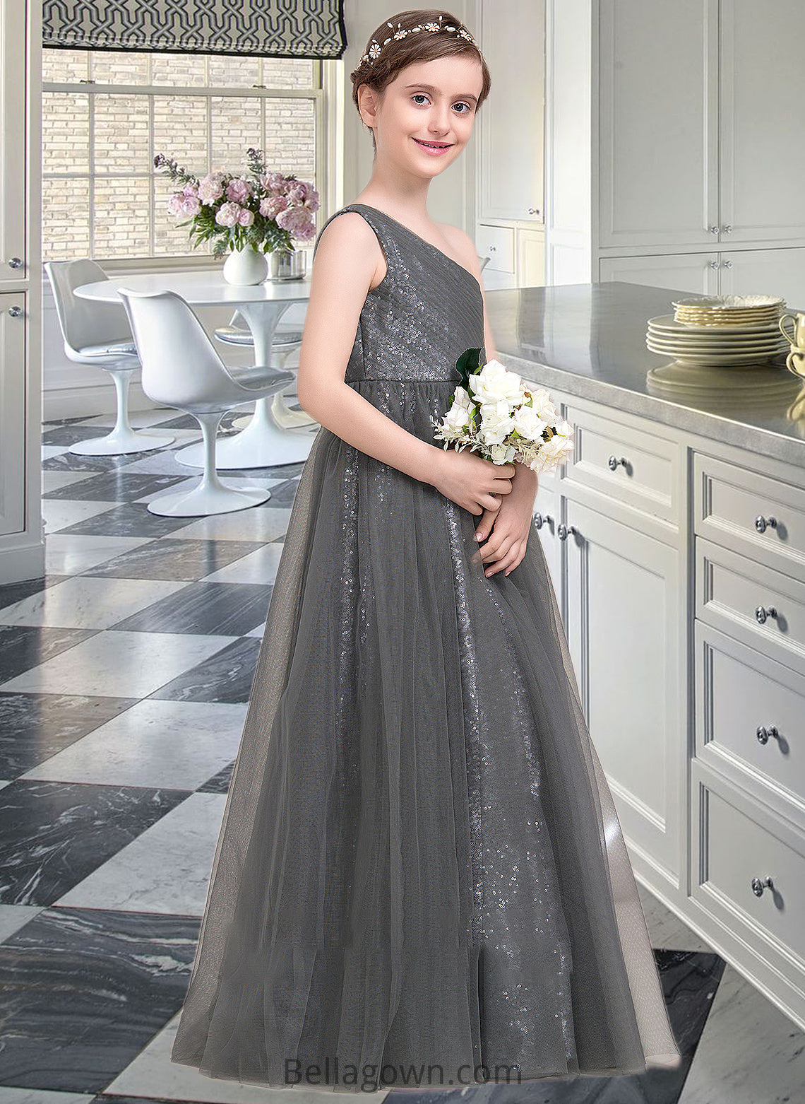 Lilianna A-Line One-Shoulder Floor-Length Tulle Sequined Junior Bridesmaid Dress With Ruffle DNP0013592