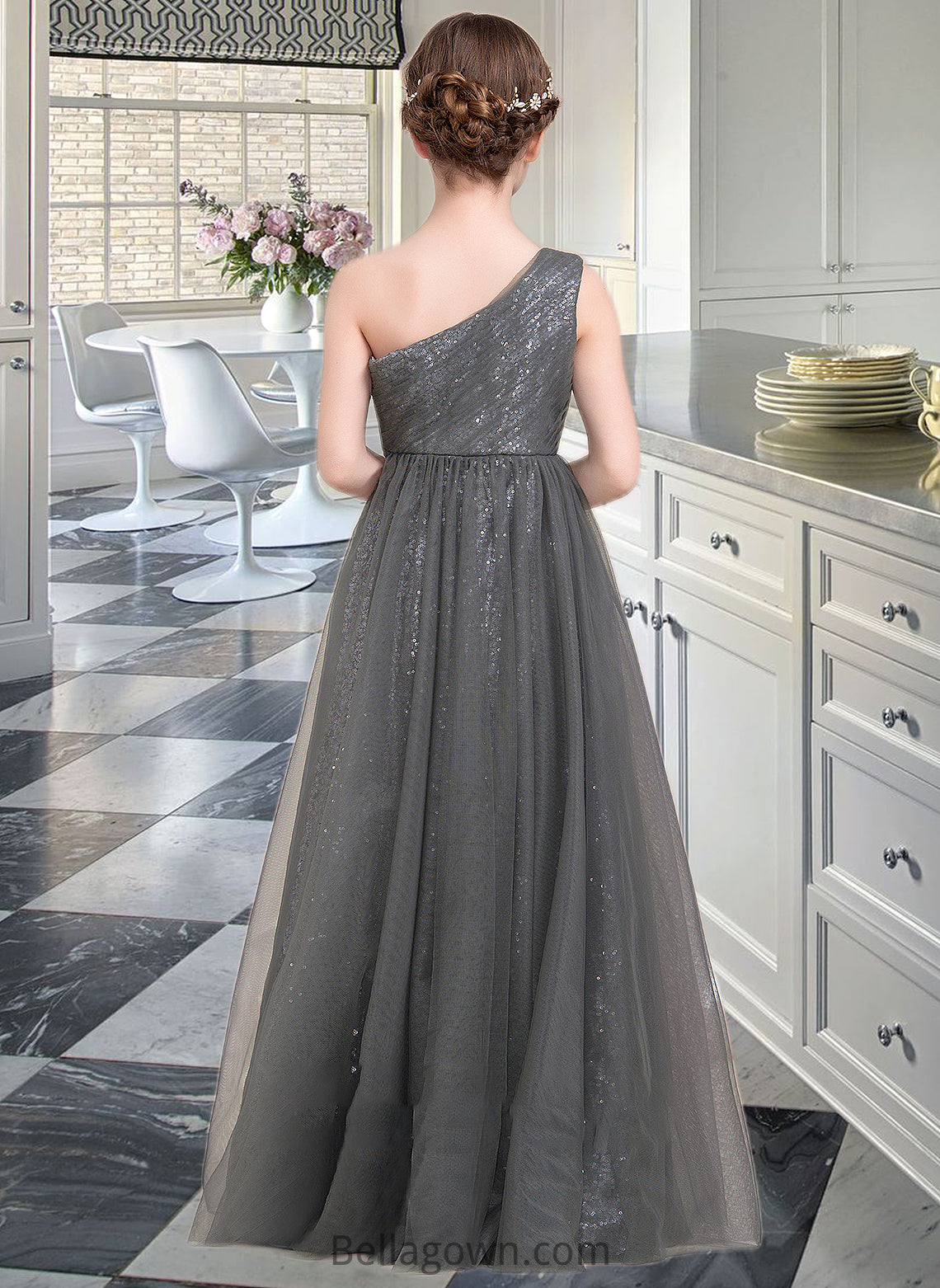 Lilianna A-Line One-Shoulder Floor-Length Tulle Sequined Junior Bridesmaid Dress With Ruffle DNP0013592