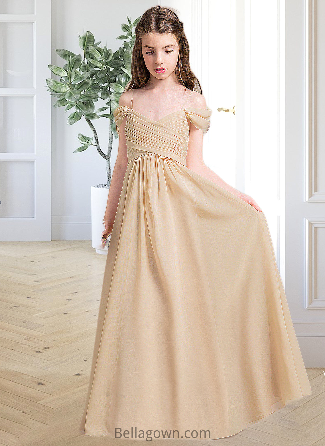 Marcia A-Line Off-the-Shoulder Floor-Length Chiffon Junior Bridesmaid Dress With Ruffle DNP0013595