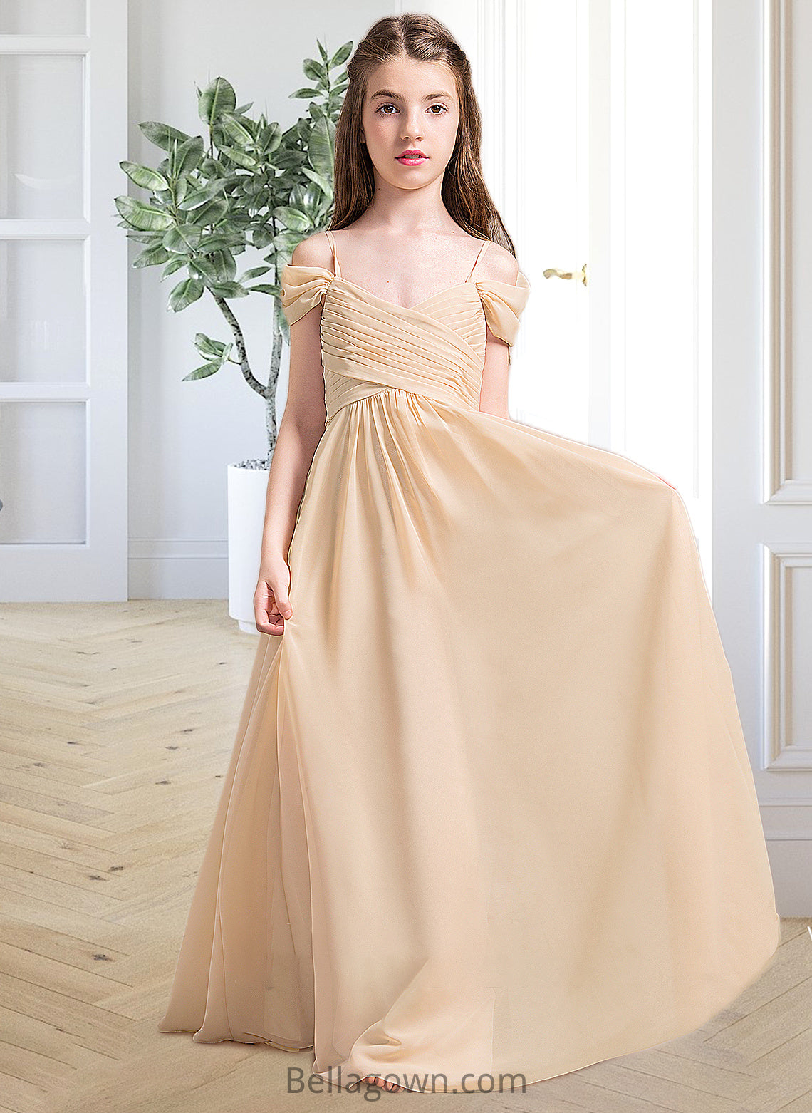 Marcia A-Line Off-the-Shoulder Floor-Length Chiffon Junior Bridesmaid Dress With Ruffle DNP0013595