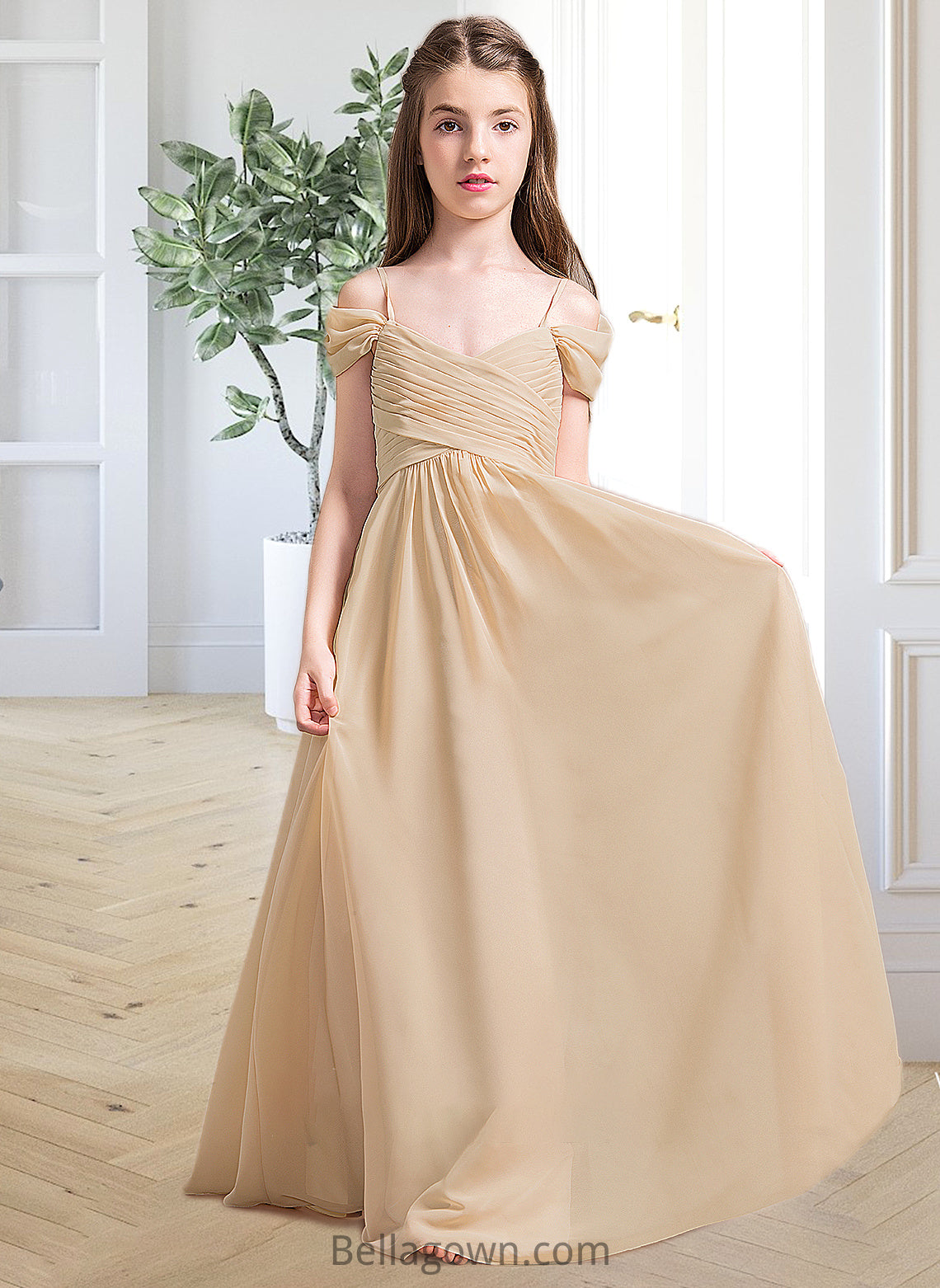 Marcia A-Line Off-the-Shoulder Floor-Length Chiffon Junior Bridesmaid Dress With Ruffle DNP0013595