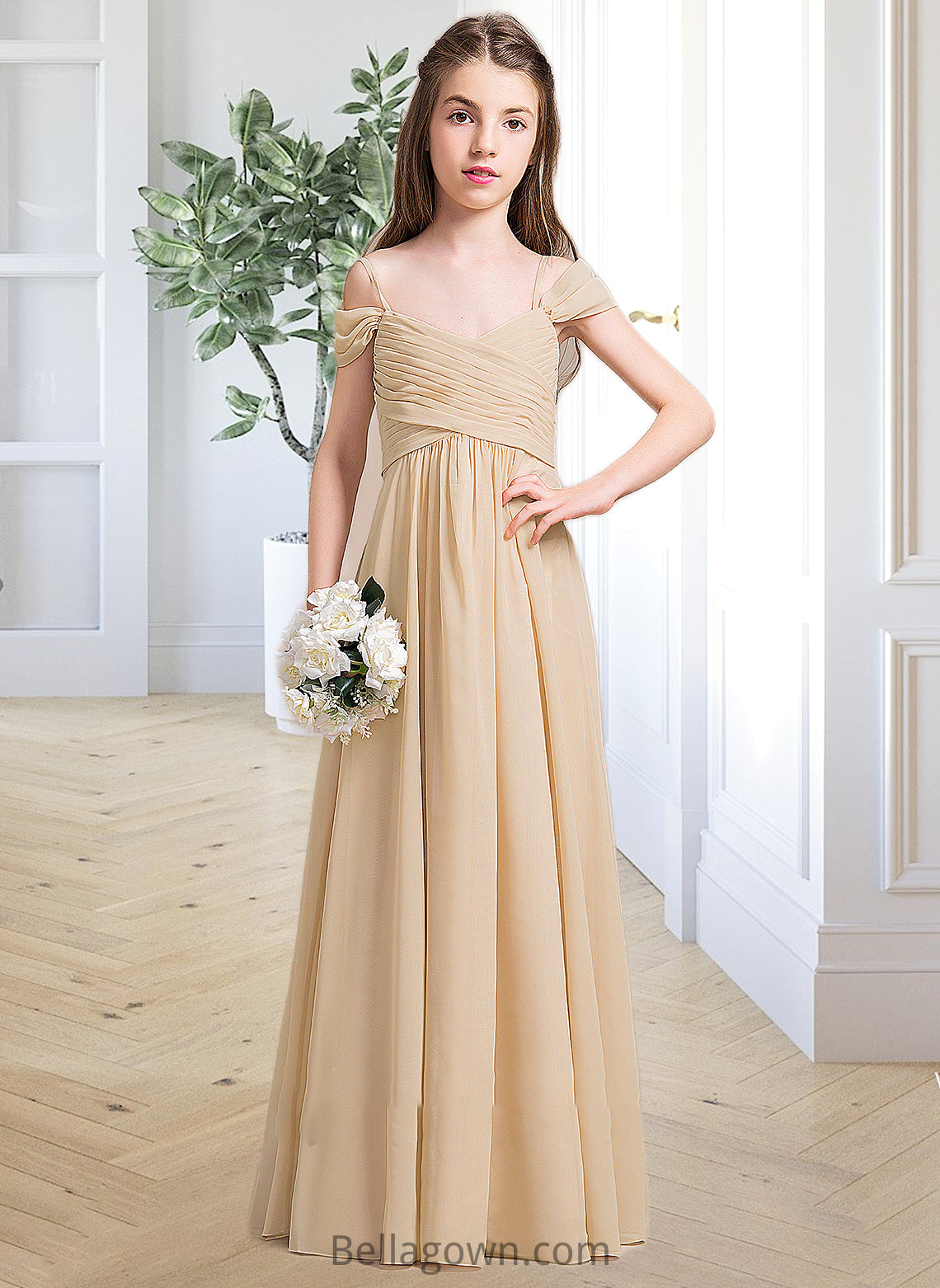 Marcia A-Line Off-the-Shoulder Floor-Length Chiffon Junior Bridesmaid Dress With Ruffle DNP0013595