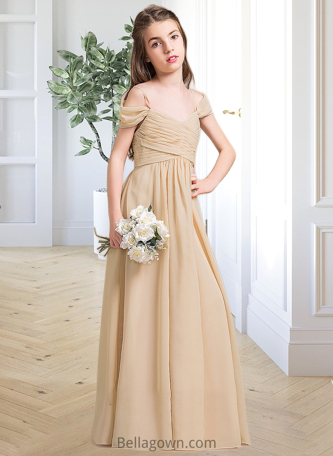 Marcia A-Line Off-the-Shoulder Floor-Length Chiffon Junior Bridesmaid Dress With Ruffle DNP0013595