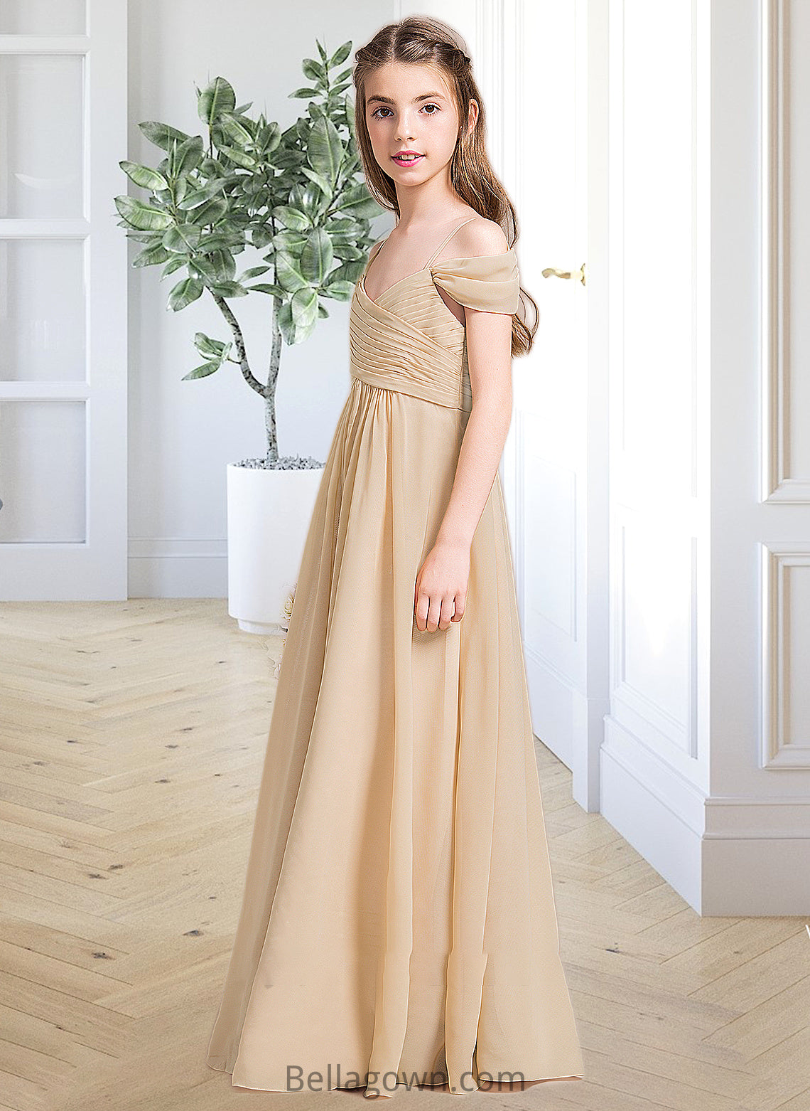 Marcia A-Line Off-the-Shoulder Floor-Length Chiffon Junior Bridesmaid Dress With Ruffle DNP0013595