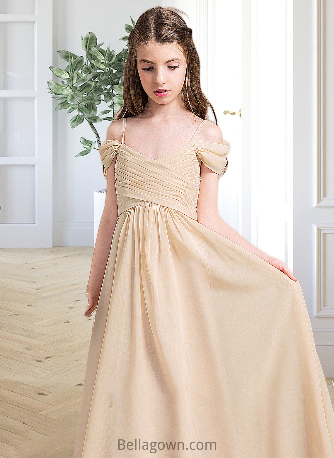 Marcia A-Line Off-the-Shoulder Floor-Length Chiffon Junior Bridesmaid Dress With Ruffle DNP0013595