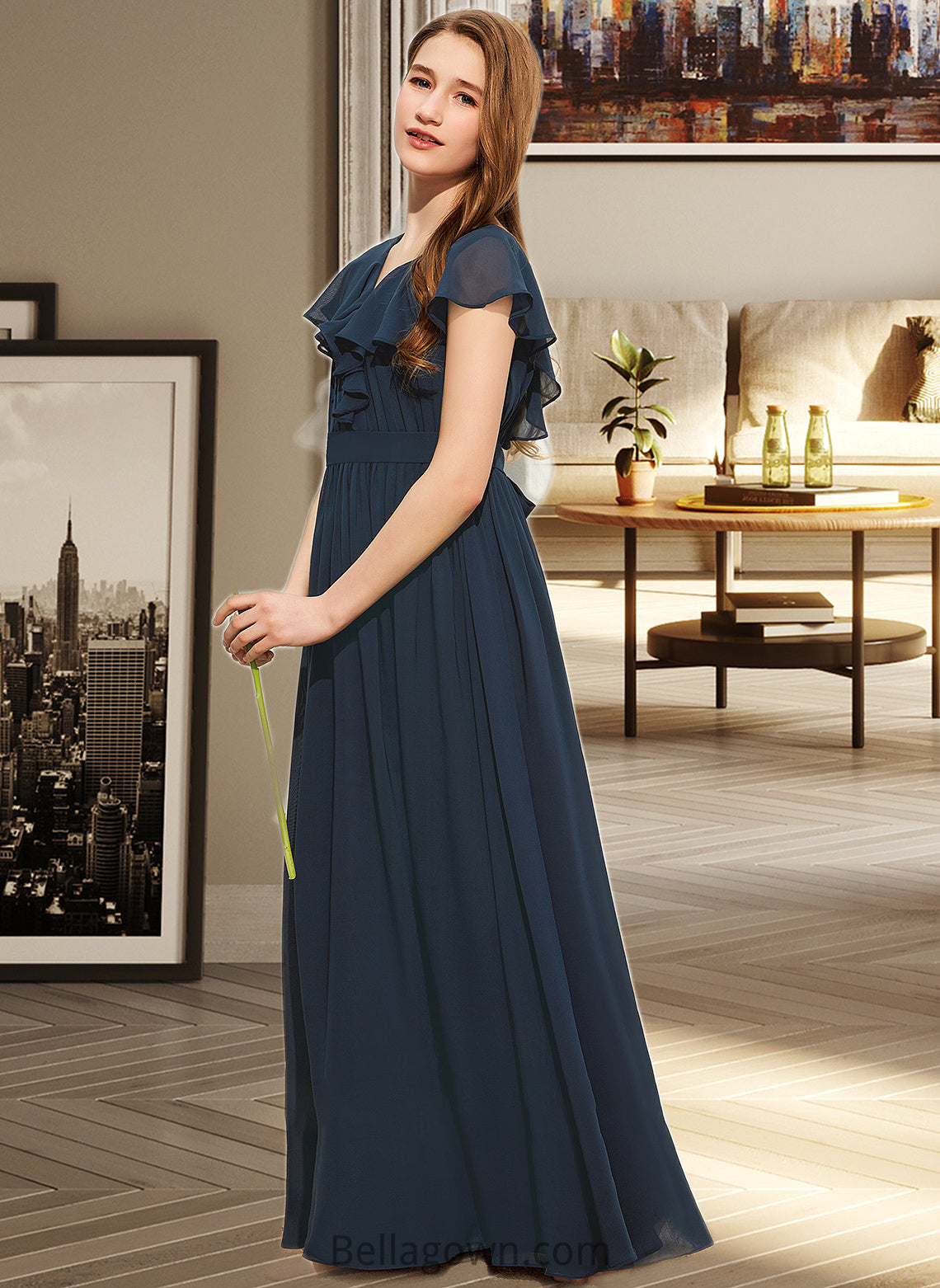 Ariella A-Line V-neck Floor-Length Chiffon Junior Bridesmaid Dress With Bow(s) Cascading Ruffles DNP0013599