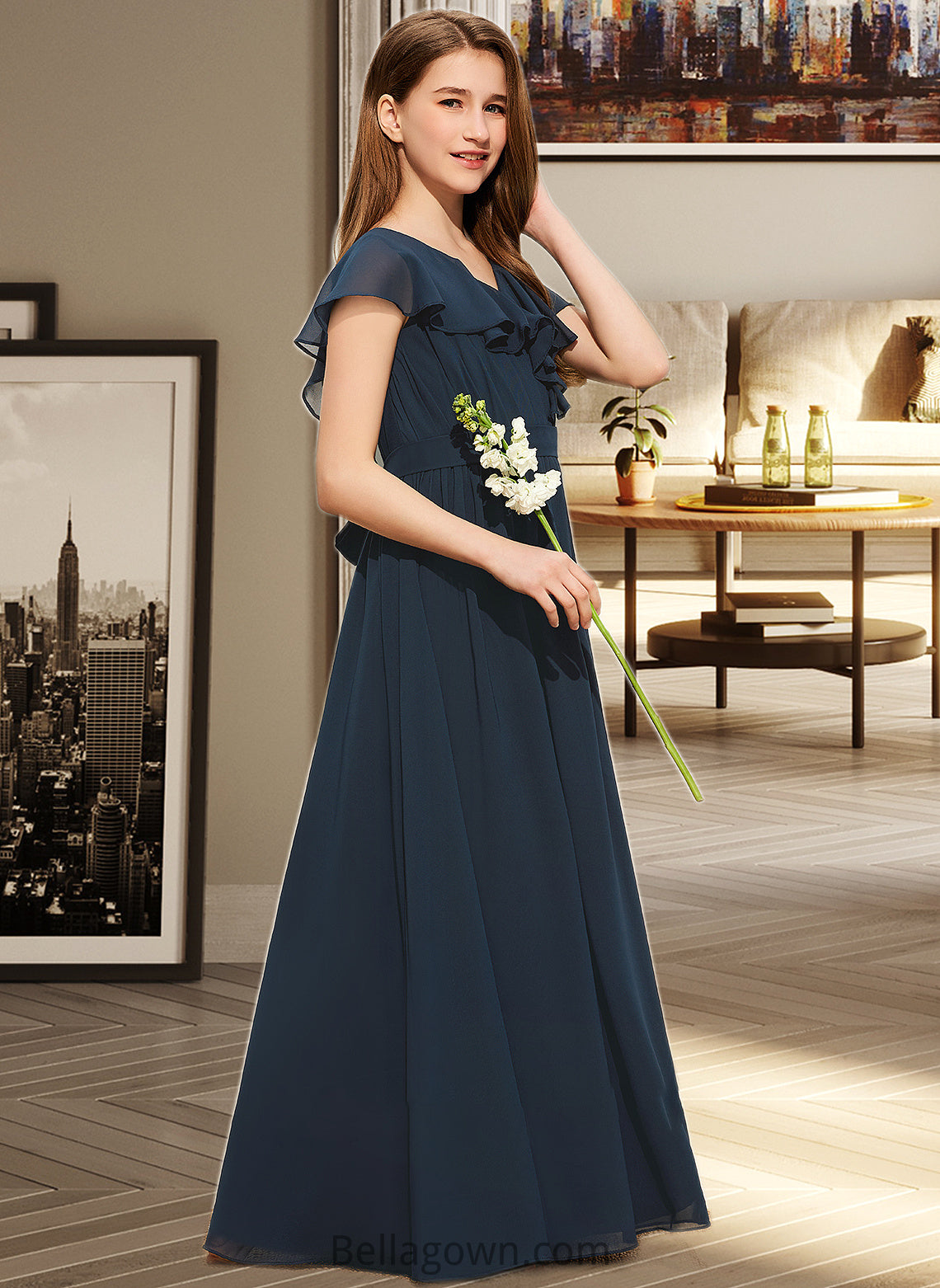 Ariella A-Line V-neck Floor-Length Chiffon Junior Bridesmaid Dress With Bow(s) Cascading Ruffles DNP0013599