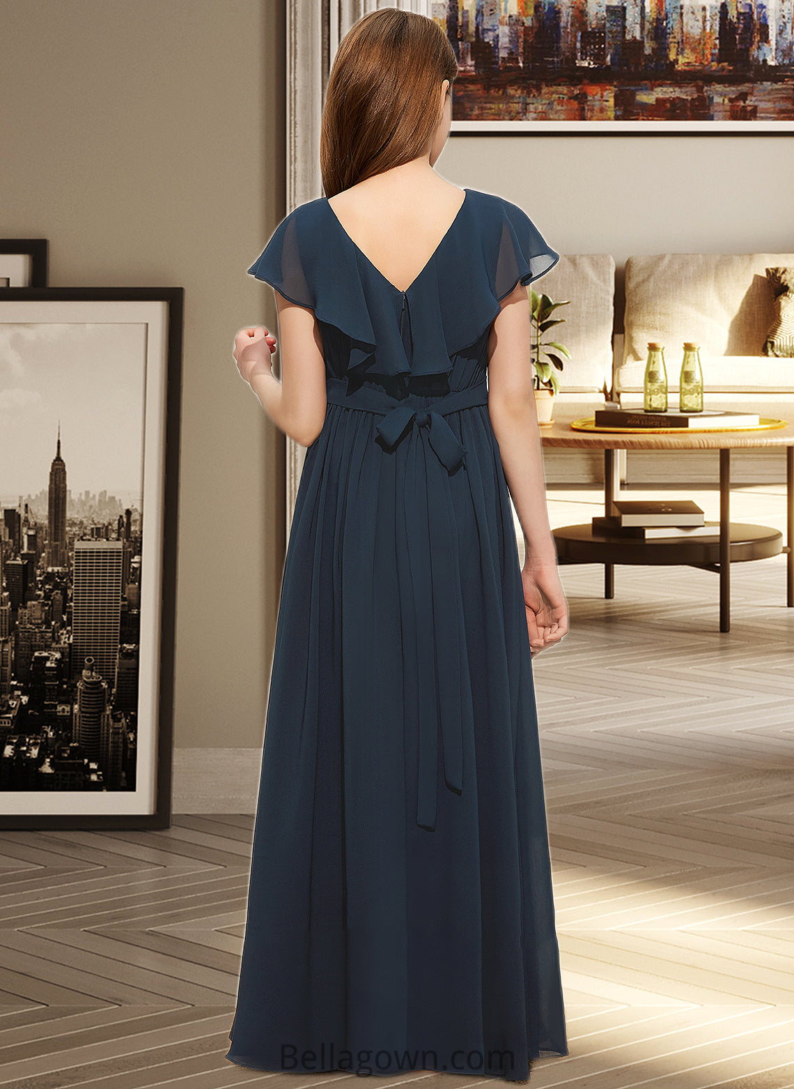 Ariella A-Line V-neck Floor-Length Chiffon Junior Bridesmaid Dress With Bow(s) Cascading Ruffles DNP0013599